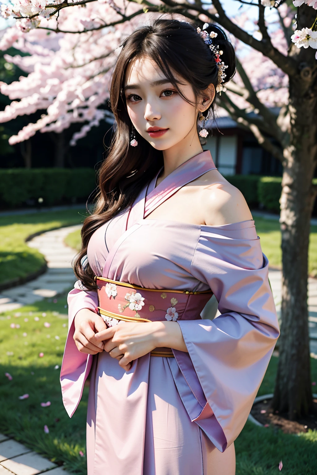 (best quality,4k,8k,highres,masterpiece:1.2),ultra-detailed,(realistic,photorealistic,photo-realistic:1.37),Korean model,off-shoulder yukata,beautiful detailed eyes,beautiful detailed lips,extremely detailed eyes and face,longeyelashes,traditional hairstyle,Korean hanbok,flowing fabric,fine embroidery,delicate patterns,soft and vibrant colors,garden backdrop,cherry blossom trees,serene atmosphere,soft sunlight,subtle shadows,graceful posture,gentle breeze,feminine elegance,confident expression,subtle makeup,natural radiance,subtle smile,graceful hand gesture,calm and tranquil ambiance,traditional fan,walking along the garden path,dainty movements,waist-length hair softly cascading,dainty accessories,jewelry shimmering in the light,celebrating Korean culture,photography,portrait.