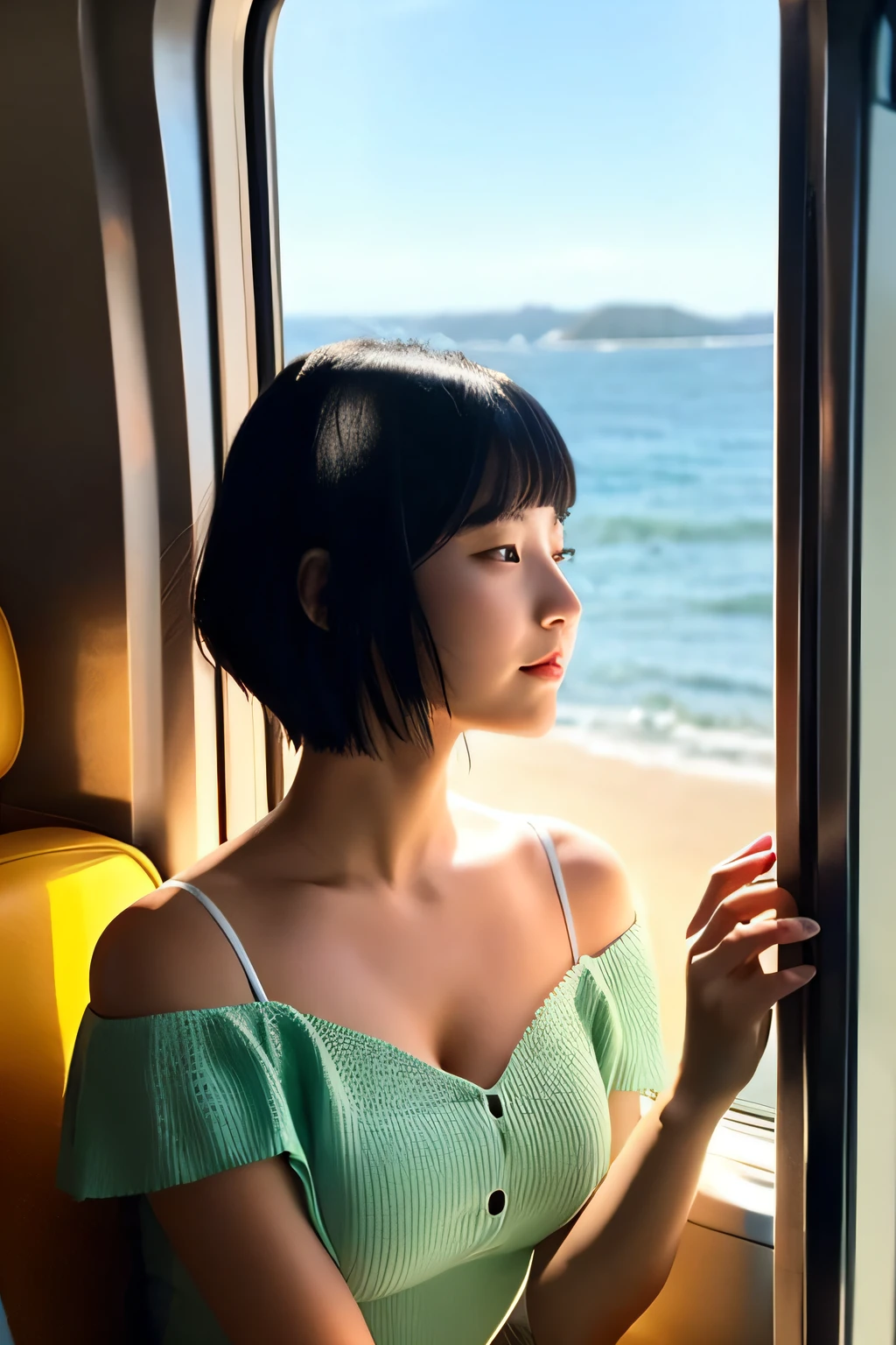 Short black hair、with round face、Fat、Plump and plump、huge tit、Young japanese lady、Neat and clean lady、She is wearing a light mint green dress.、Wearing a wide-brimmed straw hat、From the train window, I rest my chin on my chin and look at the ocean shining in the western sun and the long coastline.、Please make a picture of this scene、Please be fantastic