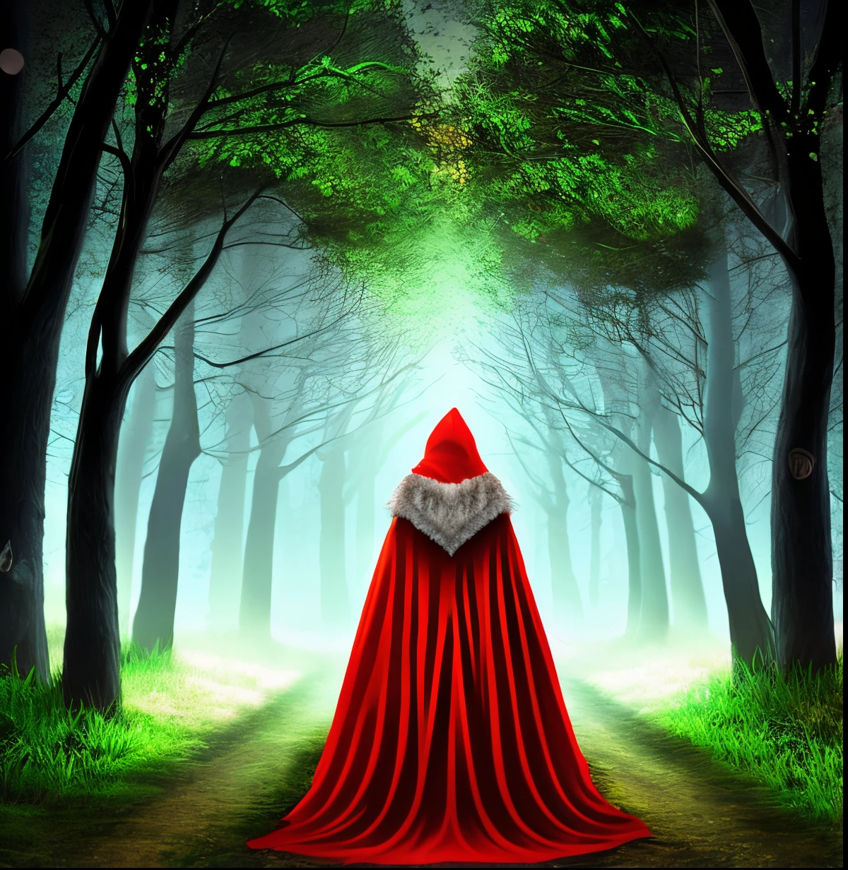 Red riding hood collecting flowers and a wolf is behind her, hiding in the dark gloomy woods. Glowing red eyes from the shadow