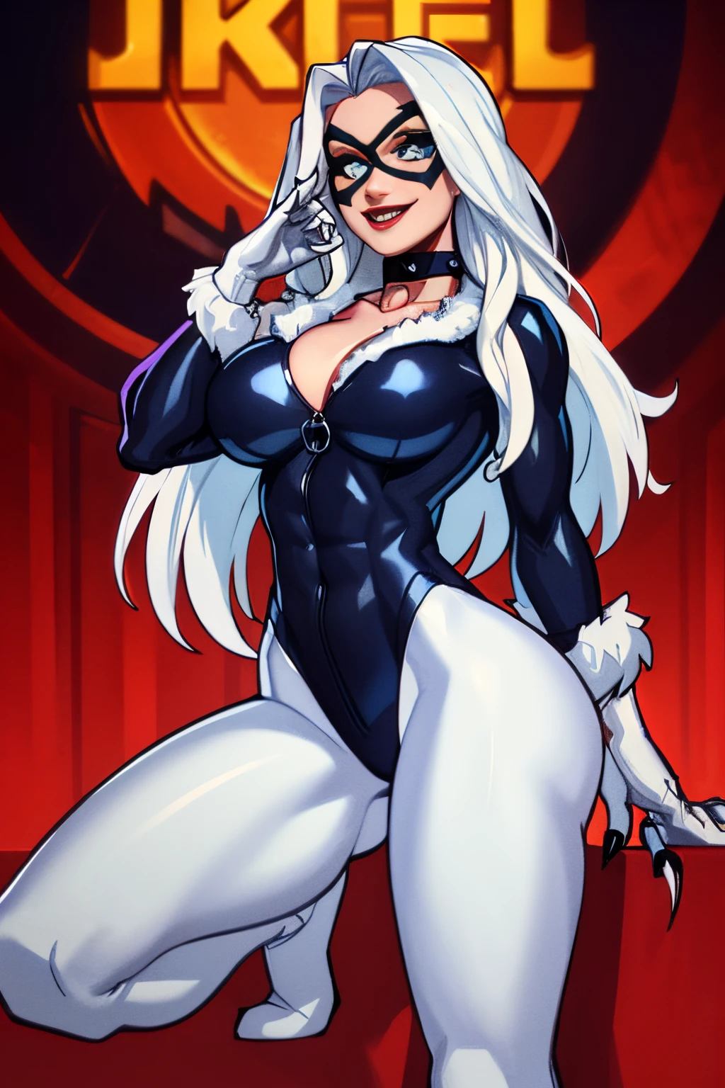 traight-on,upper body,looking at viewer, (She has a confident expression, A sarcastic smile), BREAK, CARTOON_felicia_blackcat, long hair,white hair,lipstick,blue eyes,makeup,lips,large breasts,collarbone,red lips,claws,very long hair, mask,bodysuit,domino mask,gloves,choker,white gloves,collar,superhero,black bodysuit,fur trim,cleavage,skin tight,zipper,spiked collar,unzipped,jewelry,black choker,latex,shiny,center opening, BREAK, official art,extremely detailed CG unity 8k wallpaper, perfect lighting,Colorful, Bright_Front_face_Lighting,shiny skin, (masterpiece:1.0),(best_quality:1.0), ultra high res,4K,ultra-detailed, photography, 8K, HDR, highres, (absurdres:1.2), Kodak portra 400, film grain, blurry background, (bokeh:1.2), lens flare, (vibrant_color:1.2),professional photograph, (beautiful_face:1.5), Protruding Breasts, Torpedo boobs, ripped muscles, athletic physique, curvy athletic body, wide hips, White long hair, full body, full body portrait