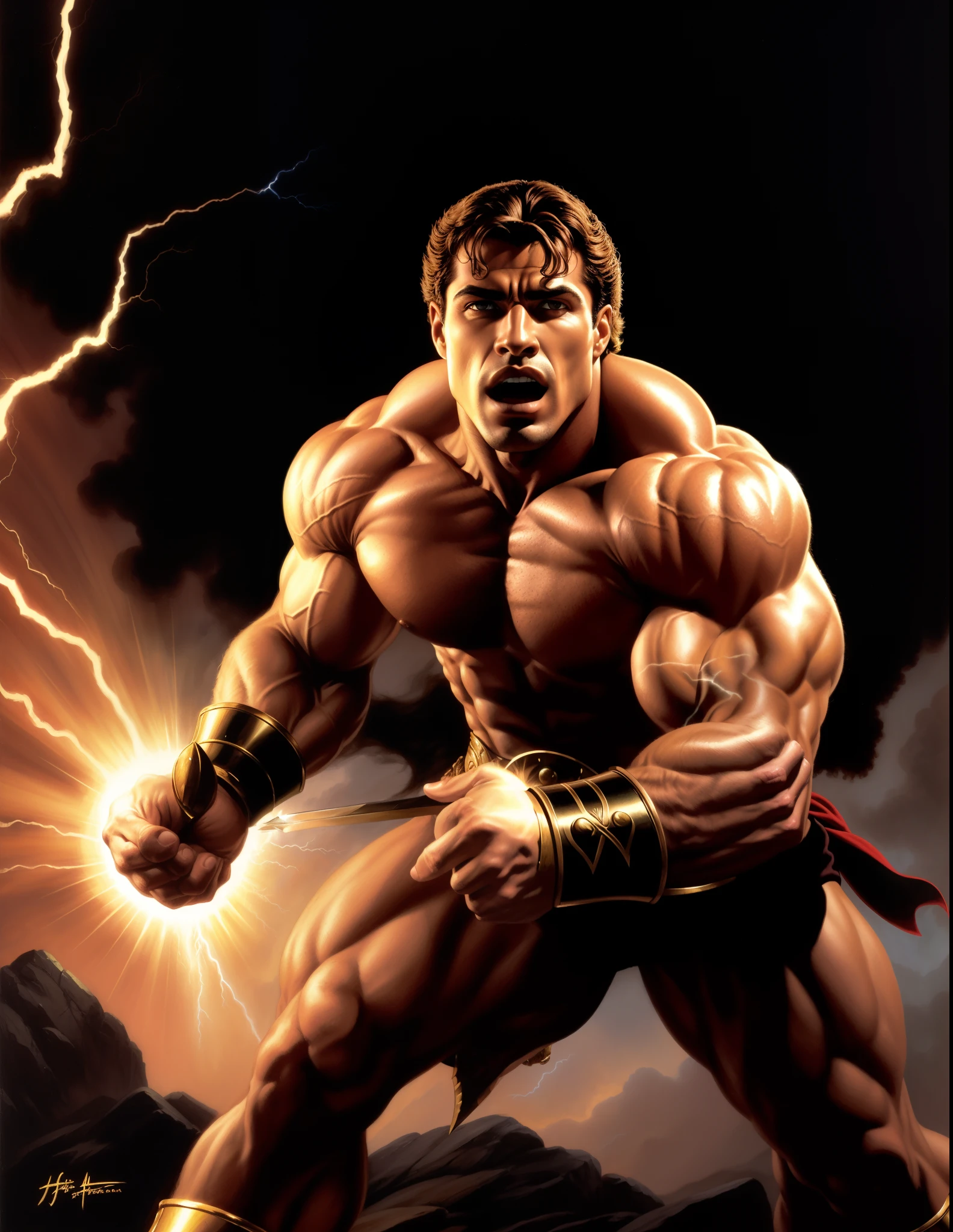 shine the sun on yourself,Contrast between darkness and light。
The resulting Stable Diffusion prompt is as follows:
"close-up of a man with a lightning bolt in his hand,strong and imposing muscular male hero, inspired by Joe Jusko, humanoid Balrog, bathed in sunlight, contrasting darkness and light,(best quality,4k,8k,highres,masterpiece:1.2), ultra-detailed, (realistic,photorealistic,photo-realistic:1.37), HDR,UHD,studio lighting,ultra-fine painting,sharp focus,physically-based rendering,extreme detail description,professional, vibrant colors, bokeh"