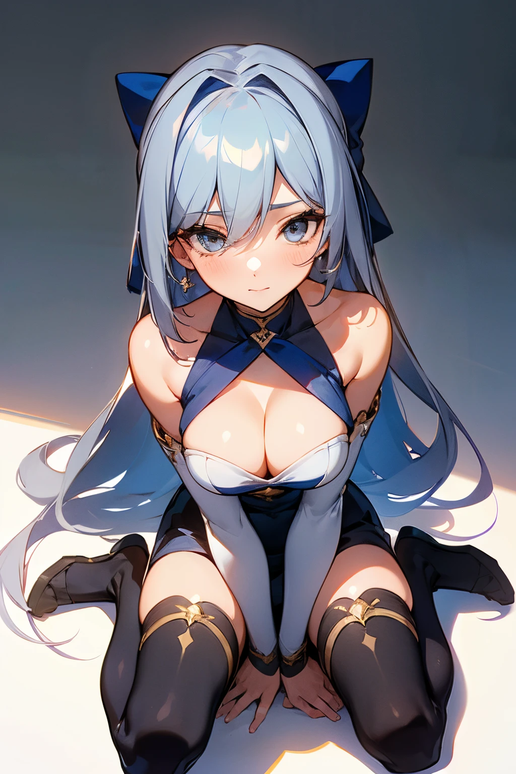 (*****, top-quality, 8K, masterpiece, Top image quality, Hi-Res, super detailing, Ultra HD, best quality, detailed background, (hyper detailed, intricate detail, Detailed hair ++, detailed eyes ++, raytracing, perfect shadow, enhanced eyes), (Delicate and smooth skin, real looking skin, Perfect and beautiful face ,Perfect and cute face, high detail skin, Perfect limbs)), ... , girl , bare shoulders , cleavage , grey eyes , grey hair , hair between eyes , large breasts , long hair , looking at viewer , looking upwards, pov looking downwards, view from above, simple background , one thighhigh , wariza on ground, sleeveless , thighhighs , white background , dark blue hair bow , breasts squished between arms, silver cross earrings, blushing, leaning forwards , breasts together, hands between legs