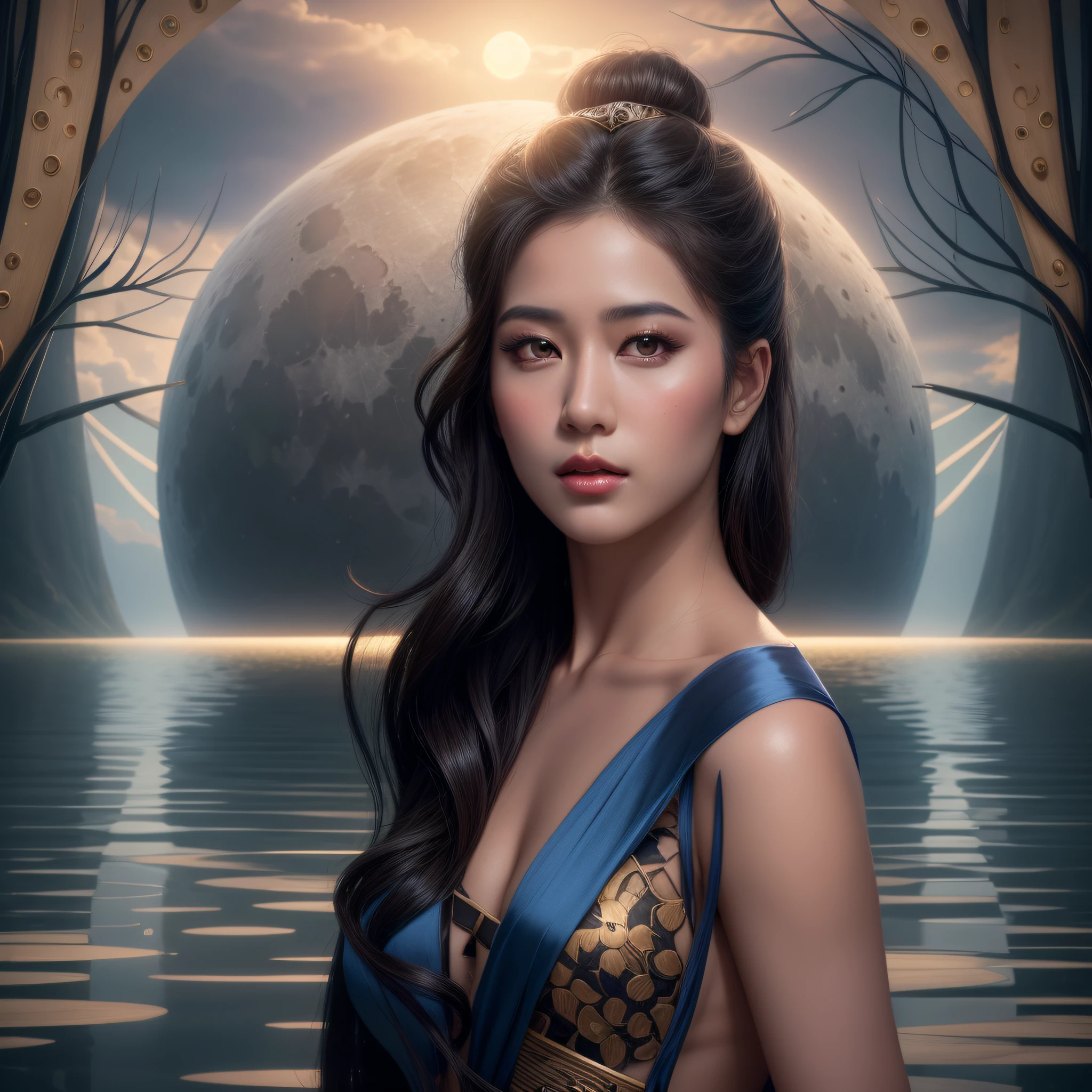 a beautiful Asian woman, with full breasts, full lips, silky skin, long black hair, with a bun in her hair, wearing a low-cut blue silk sheer dress, posing in a lake, with a full moon ((intricate details)) behind her horizon shining and reflecting in the water, and dry trees at both ends of the lake, a beautiful realistic art, stunning digital realistic art, inspired beautiful digital realistic art, beautiful realistic digital art, exquisite digital realistic art, in digital realistic art style, beautiful realistic digital art, beautiful digital art, a beautiful fantasy empress.