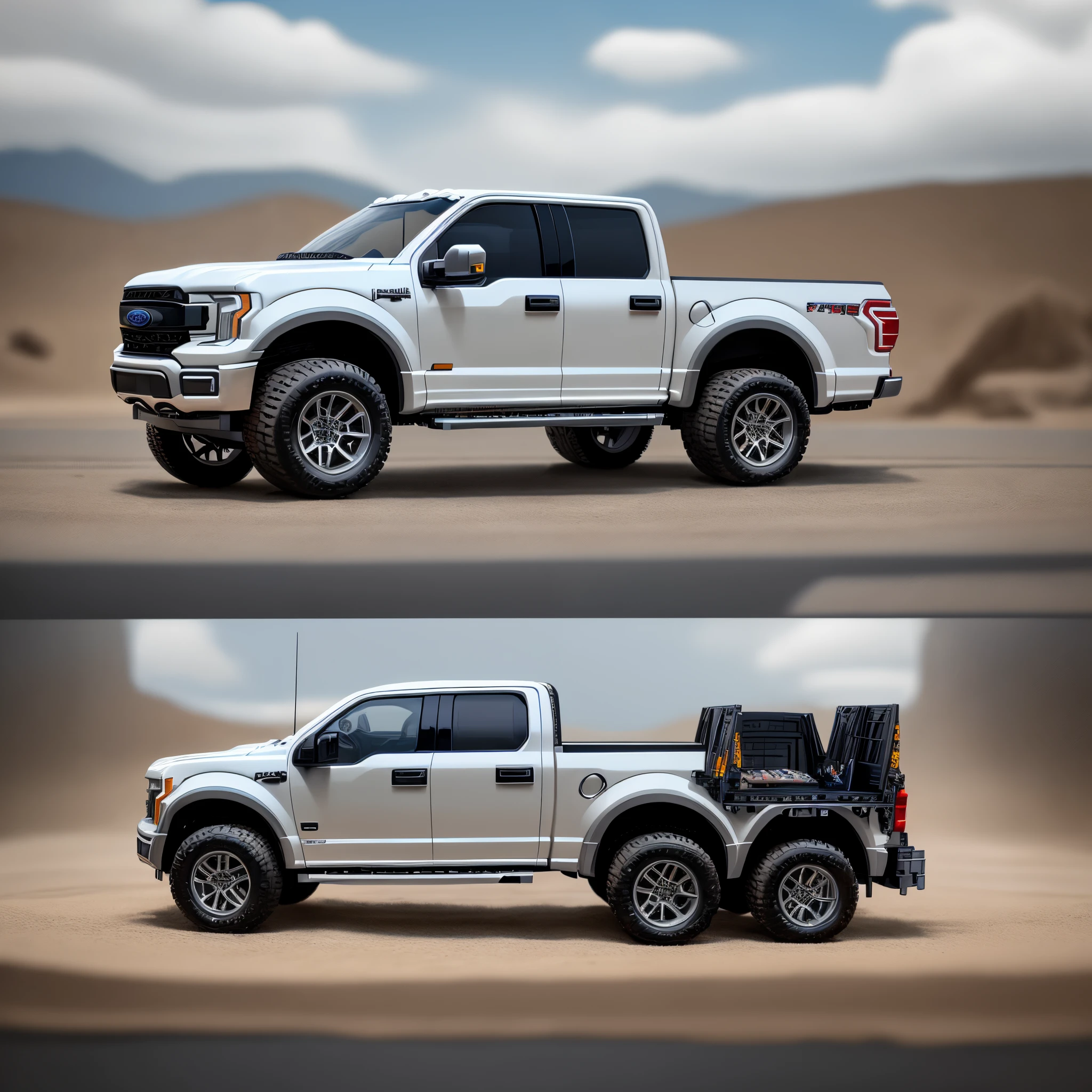 Make me a Lego set of a lowered truck that is a 2021 ford f150 single cab platinum and is the color iconic silver