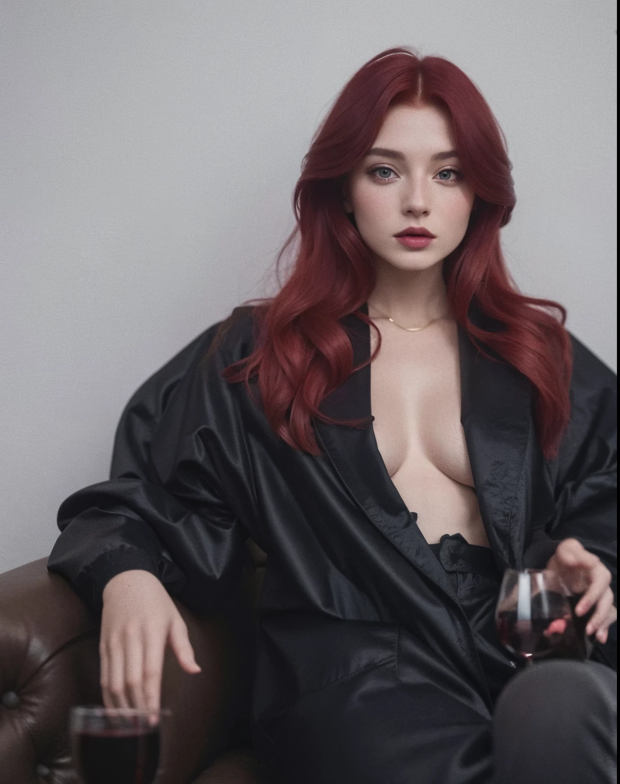 Redhead woman sitting on a sofa holding a glass of wine, Anna Nikonova aka Newmilky, Taran Dasha, Yelena Belova, inspirado em Elsa Bleda, monia merlo, Anastasia Ovchinnikova, ela tem cabelos ruivos, Alexandra Waliszewska, Sophie Turner, Olga Buzova, inspirado em Hedi Xandt