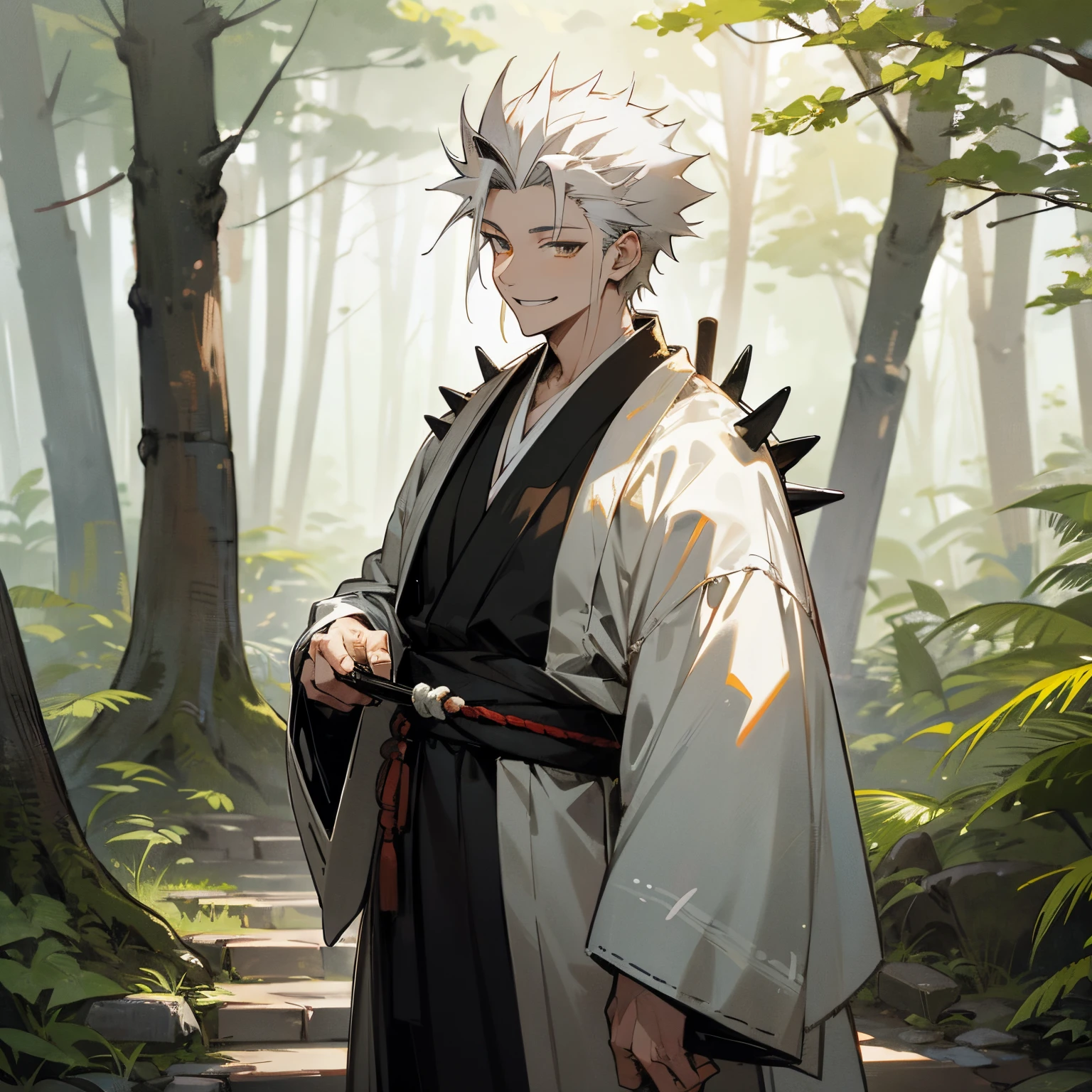 White messy spiky hair , White and black haori , Standing in a forest , standing on path , samurai , smiling expression , perfect generation , masterpiece quality , 1male , old male , age wrinkles