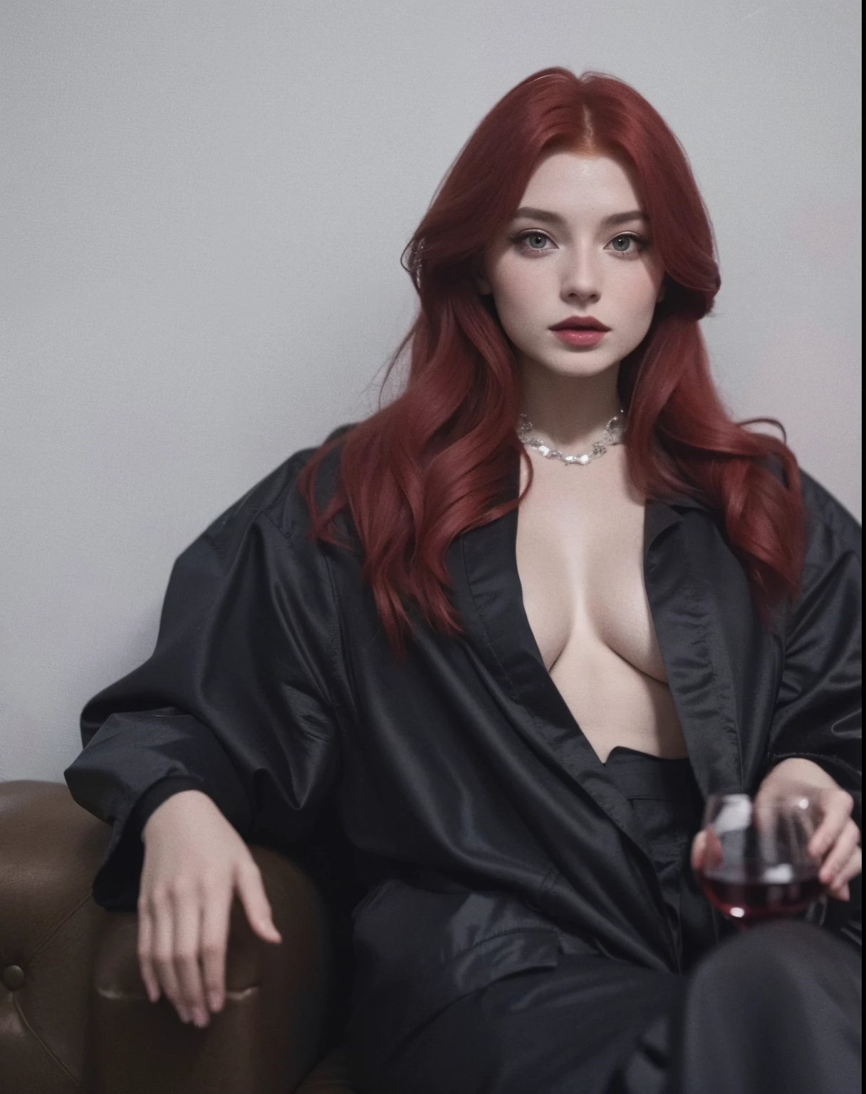 Redhead woman sitting on a sofa holding a glass of wine, Anna Nikonova aka Newmilky, Taran Dasha, Yelena Belova, inspirado em Elsa Bleda, monia merlo, Anastasia Ovchinnikova, ela tem cabelos ruivos, Alexandra Waliszewska, Sophie Turner, Olga Buzova, inspirado em Hedi Xandt