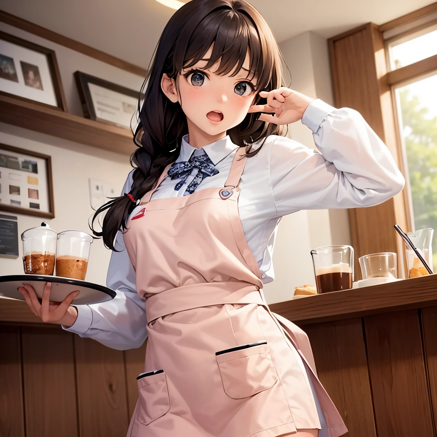 1girl in,A girl trips in a cafe and almost spills the coffee tray...,Super Cute,Surprised expression,Open your mouth,Accurately drawn face,Single braid,A slender,tre anatomically correct,perfectly proportions,Precise fingers,mini skirt apron dress,Border pattern shirt,i'I almost trip and fall..,I almost spilled coffee on the tray,Accurate depiction of tray and coffee,Active Poses and Angles,at the cafe,masterpiece,Best Quality,Dozikko,