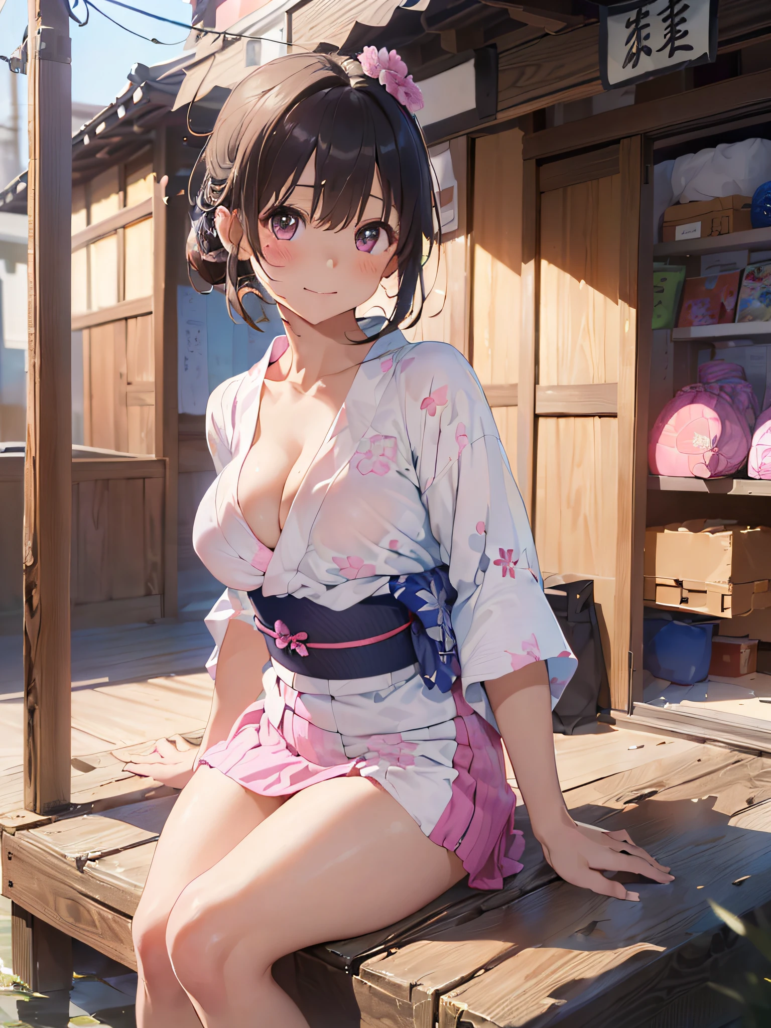 (​masterpiece:2.0), (top-quality:2.0), (sitting naked:1.5), (extremely mini skirt extremely small pink yukata:1.5), (super thin fabric:1.5), (sexypose:1.5), (blushed face:1.3), (barechested:1.3), (realistic:1.5), 1 , precise hands, Embarrassed look, light smile, Look at me and smile, extremely cute girl, innocent face, young face, Clear eyes, Shining eyes, small breast, (cleavage of the breast is visible:1.5), (the thighs is visible:1.5), The crotch is visible, No pubic hair, full body, The beautiful skin, ultra-definition, Top resolution, japan high school student, brown hair, at the night festival