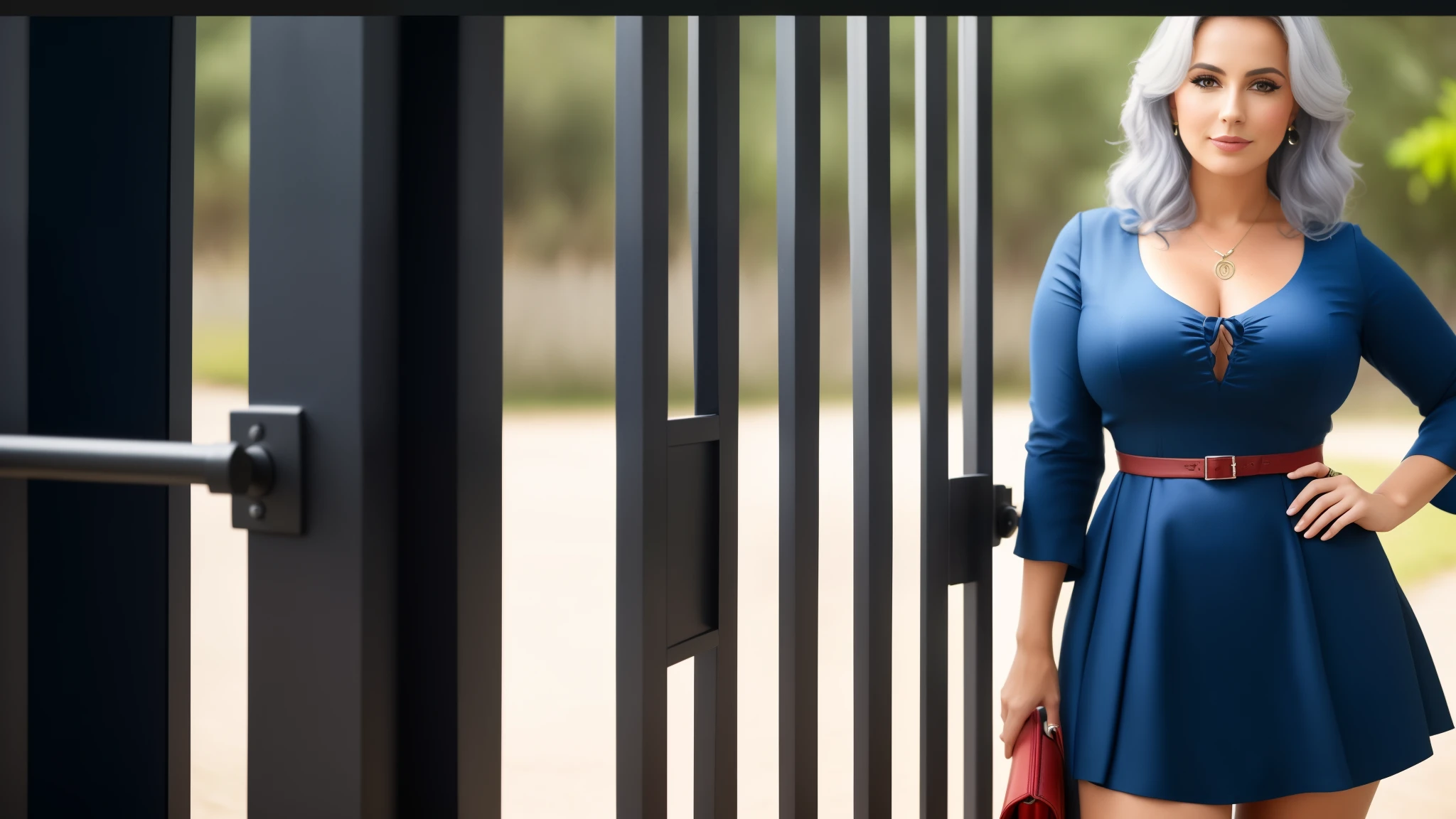 woman in a blue dress standing in front of a gate with a bag, loira porta vermelha, usando um vestido azul, usando vestido azul, wearing a plastic blue dress, , standing astride a gate, Ensaio de moda 4k, Photo Session, High-end fashion photo shoot, dress made of steel blades, muito intenso, tampa de tela, photo shoot, captura de tela de alta qualidade