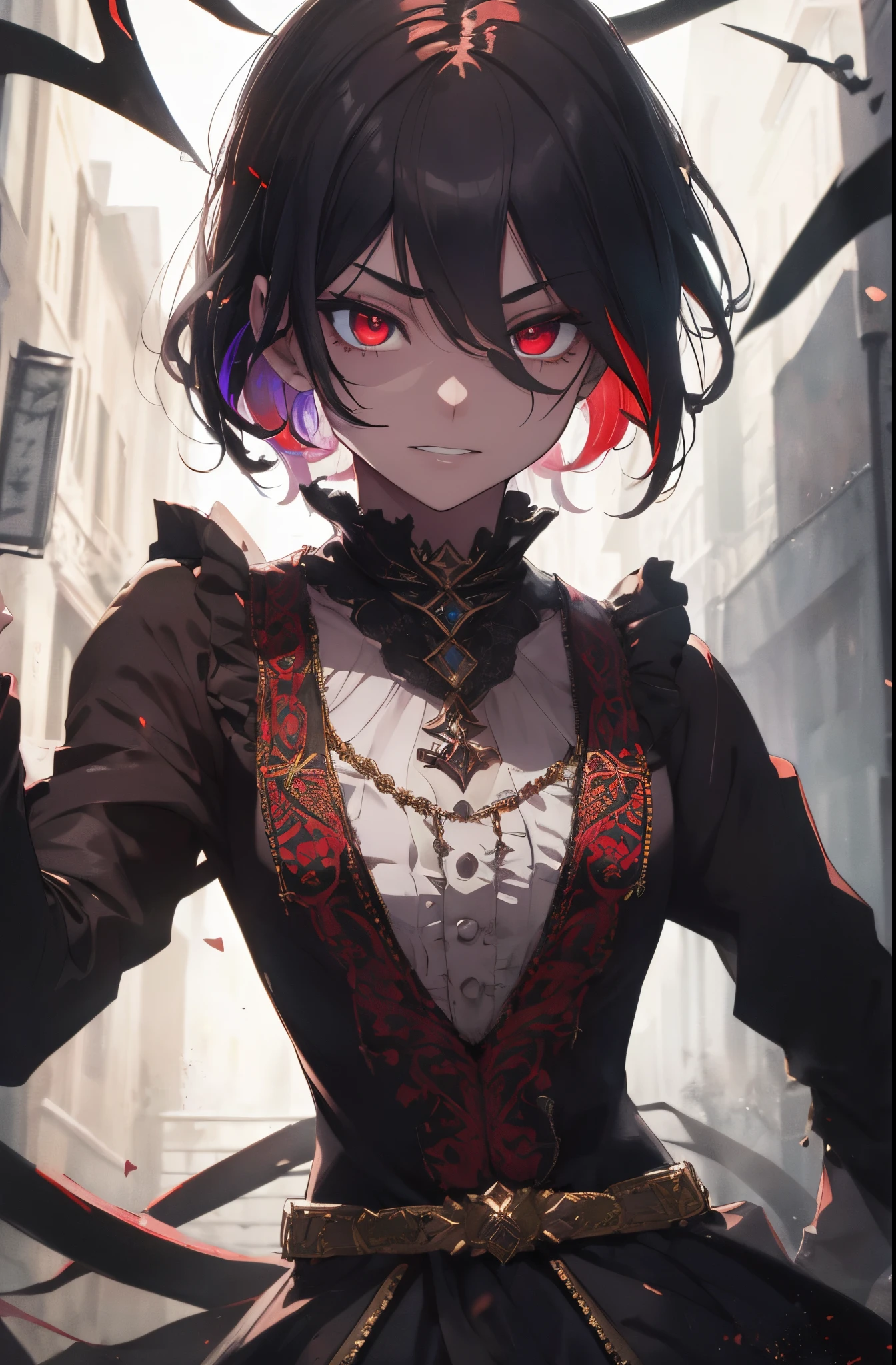 kk, best quality, more details, masterpiece, portrait, 1boy, male focus,  (evil:1.2),(from below:1), male focus, solo, smile, kaneki ken, heterochromia, black sclera, colored sclera, white hair, red eyes, looking at viewer, grin, portrait, bangs, short hair,dark energy, colorful, vibrant colors, portal to another world, side view, face_focus, zoomed_face, zoomed_in, bokeh,
bloody, evil, dark,moody, spooky background, villian, colorful, beautiful,
ultra realistic, intricate details, elegant, hyper realistic, tonemapping, hyperfocus, sharp focus, [volumetric lighting],photorealistic realistic, luxurious, 8k, detailed, ray tracing, depth of field, cinematic lighting, small gold particles,