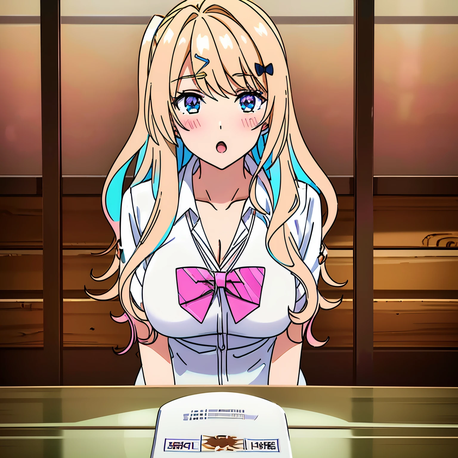 ((masterpiece)), large breasts, medium waist, wide hips, wide thighs, looking_at_viewer, shirakawa runa, 1 girl, alone, long_hair, blush, bangs, blue_eyes, blonde_hair, white_school_uniform, hair_topper, bow, cleavage, blue_hair , collarbone, (white_shirt: 1.5), hair bow, multicolored_hair, hairpin, collared_shirt, clothes_around_the_waist, skirt, (pink_bowtie: 1.5), stranded_hair, (one_side_up: 1.4), gyaru, kogal, ((head_tilted, confused, :o )), short sleeves, arms_on_the_table, (arms_crossed:1.3), masterpiece, best quality, high quality, absurd, shiny skin, colorful, dynamic pose, awesome art, best quality, hyper detailed, dynamic angle, beautiful detail, reflective hair, good lighting, ray tracing, depth of field, ultra detailed , illustration, amazing, fine details, extremely detailed, ((ultra-detailed)), (beautiful detailed girl), beautiful detailed shine, intricate details, high resolution, extremely delicate and beautiful, beautiful detailed eyes, realistic, hdr, rounded eyes , detailed facial features, (illustration), (beautiful detailed eyes), ((very detailed face)), depth_of_field, eyebrows_visible_through_hair, looking_into_viewfinder, light-reflecting clothing, (light diffraction on skin: 1.35), (shiny skin: 1.55), (iridescent effect: 1.55), (coffee:1.5), critical angle