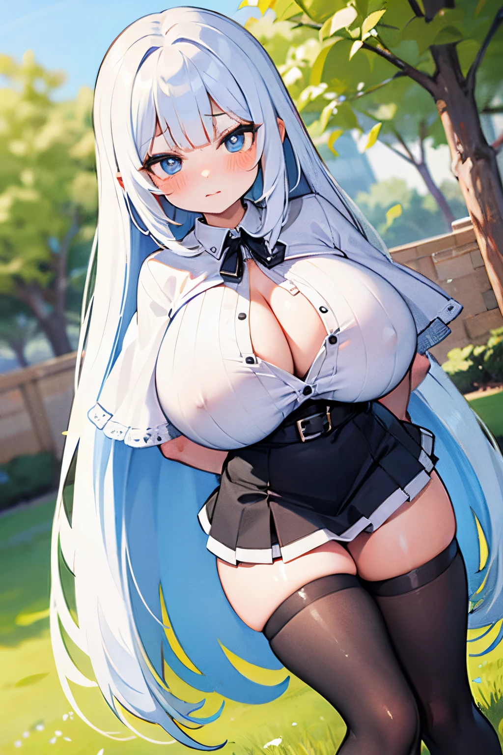 solo 1 thin (:1.1) standing, (straight back:1.1), (disproportionately gigantic perky breasts:1.3), (cleavage:1.3), (frilled white shirts with open chest wide), BREAK, large eyes, rainbow glowing pupils, rainbow glowing iris, BREAK, (thin long legs:1.3), too thin waist, arms behind back, BREAK, (absurdly long white straight hair:1.3), blunt bangs, BREAK, (long black thighhighs:1.5), BREAK, (short black capelet:1.2), (short black high-waist skirt:1.2) cinches waist tight, BREAK, looking at viewer, (nose blush:1.1), full body, landscape