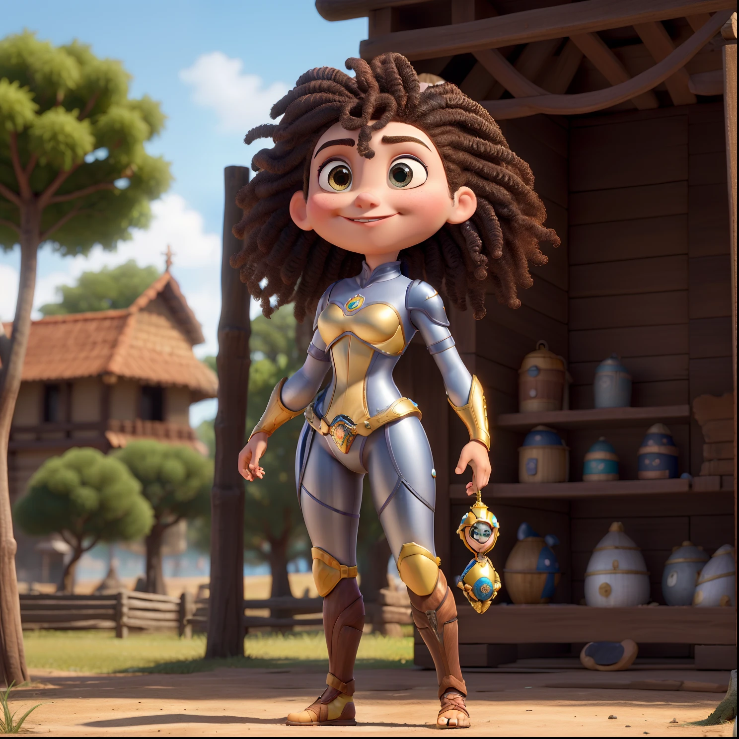 Obra-prima, de melhor qualidade, uma de cabelo longo com cachos, com armadura da mulher-maravilha, vestindo uma armadura de mulher-maravilha, Standing in the park, estilo disney pixar