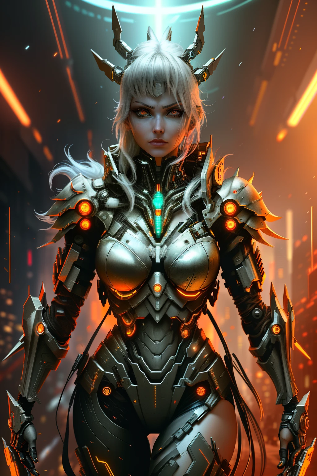 [sh4g0d:1], a beautiful cyborg warrior girl cyberpunk sensual vampiric beautiful body beautiful face in big breasts bionic legs bionic arms armor in an intricate futuristic cyberpunk city ultra detailed 8k extremely realistic[cabelo fluorescente:1]
