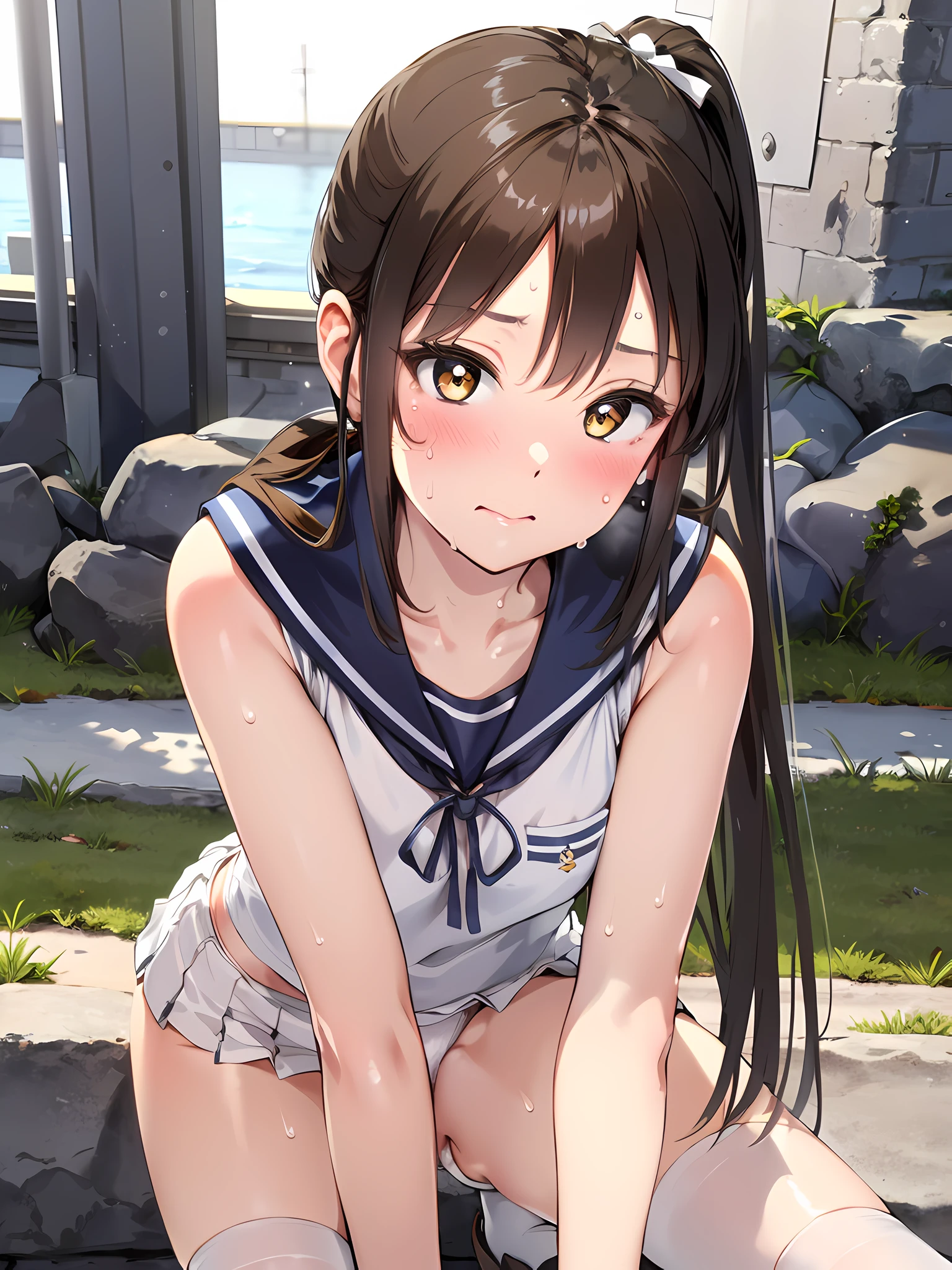 (masutepiece, Highly detailed 8K CG, Sharp lines, of the highest quality, Realistic), 1 girl, anmi, Solo, High School Uniform, Light white shirt, Navy blue miniskirt: 1.5, slim, (Shiny skin, Sweating: 1.4), Colorful, Ridiculous, Watch Viewer, Long double ponytail, Black hair, Brown eyes, dynamic light and shadow, High resolution, Sharp Focus, depth of fields, Detailed eyes, Sharp pupils, Realistic pupils, tiny chest:, (Thigh thin: 1.1), plein air, skyporn, White socks, White ribbon hair ornament, crouching down, White panties,