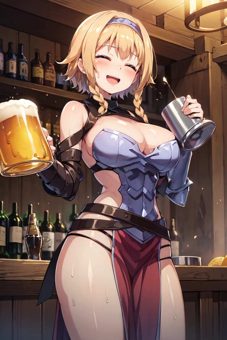 LeinaQuiron woman, breasts, blush, blue eyes, blonde hair, large breasts, cleavage, braid, hairband, armor, twin braids, side braid, short hair with long locks, buckle, shield BREAK (masterpiece, best quality:1.3), 4k, ultra-detailed, trending in pixiv, detailed background, detailed eyes, BREAK (in a medieval bar, surrounded by people:1.4), BREAK (cowboy shot, drunk, holding beer mug, raising mug, happy smile, ^ ^, closed eyes, :d:1.3), (light particles:1.2), (sweat, shiny skin:1.3)