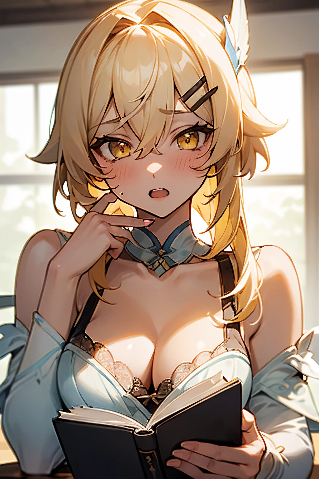 (*****, top-quality, 8K, masterpiece, Top image quality, Hi-Res, super detailing, Ultra HD, best quality, detailed background, (hyper detailed, intricate detail, Detailed hair ++, detailed eyes ++, raytracing, perfect shadow, enhanced eyes), (Delicate and smooth skin, real looking skin, Perfect and beautiful face ,Perfect and cute face, high detail skin, Perfect limbs)),, girl , blonde hair , blushing , lace trimmed bra, bra peeking, cleavage , collarbone , fingernails , hair between eyes , hair ornament , hairclip , hand in own hair , indoors , large breasts , long sleeves , looking at viewer , medium hair , open book , mouth open, holding pen , sidelocks , solo , underwear , upper body , upper teeth only , white shirt , yellow eyes , eide eyes, flustered expression, lumine (genshin impact)