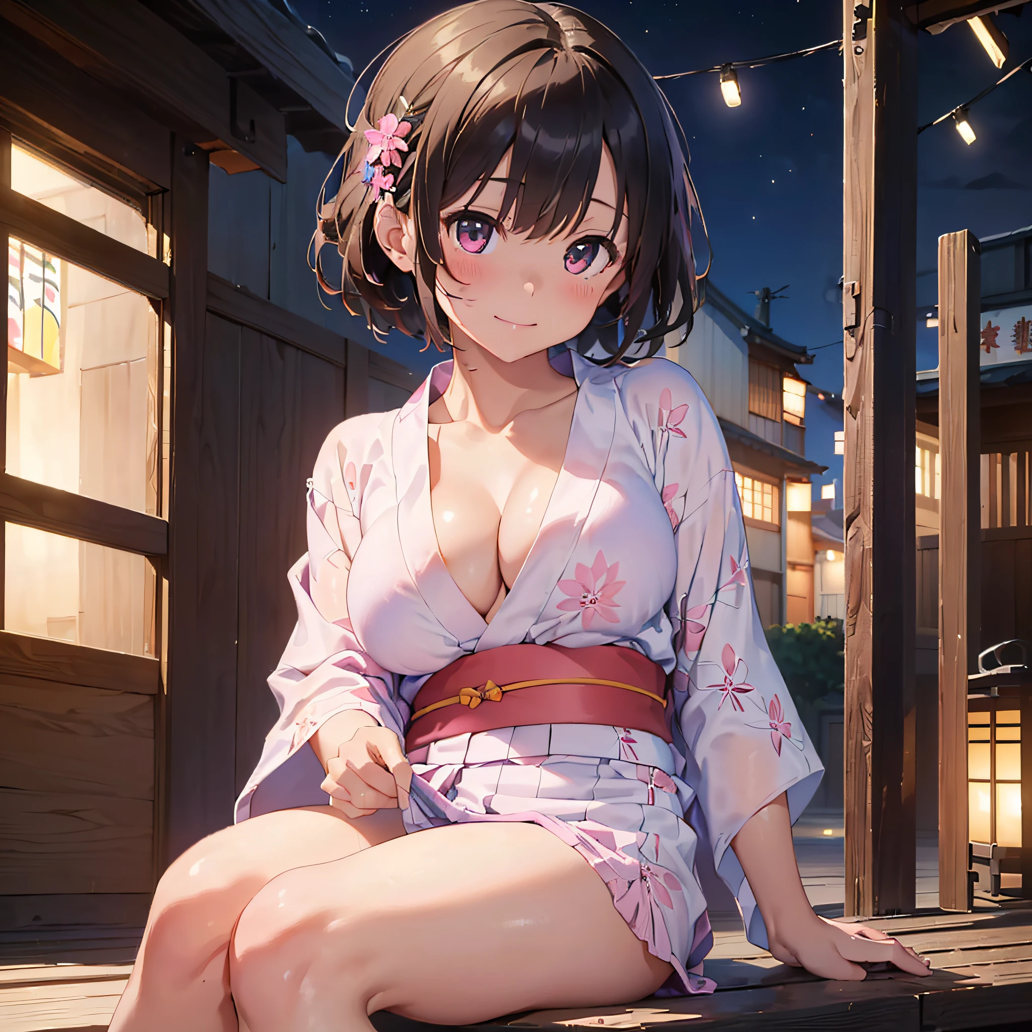 (​masterpiece:2.0), (top-quality:2.0), (sitting naked:1.5), (extremely mini skirt extremely small pink yukata:1.5), (super thin fabric:1.5), (sexypose:1.5), (blushed face:1.3), (barechested:1.3), (realistic:1.5), 1 little girl, precise hands, Embarrassed look, light smile, Look at me and smile, extremely cute girl, innocent face, young face, Clear eyes, Shining eyes, small breast, (cleavage of the breast is visible:1.5), (the thighs is visible:1.5), The crotch is visible, No pubic hair, full body, The beautiful skin, ultra-definition, Top resolution, japan high school student, brown hair, at the night festival