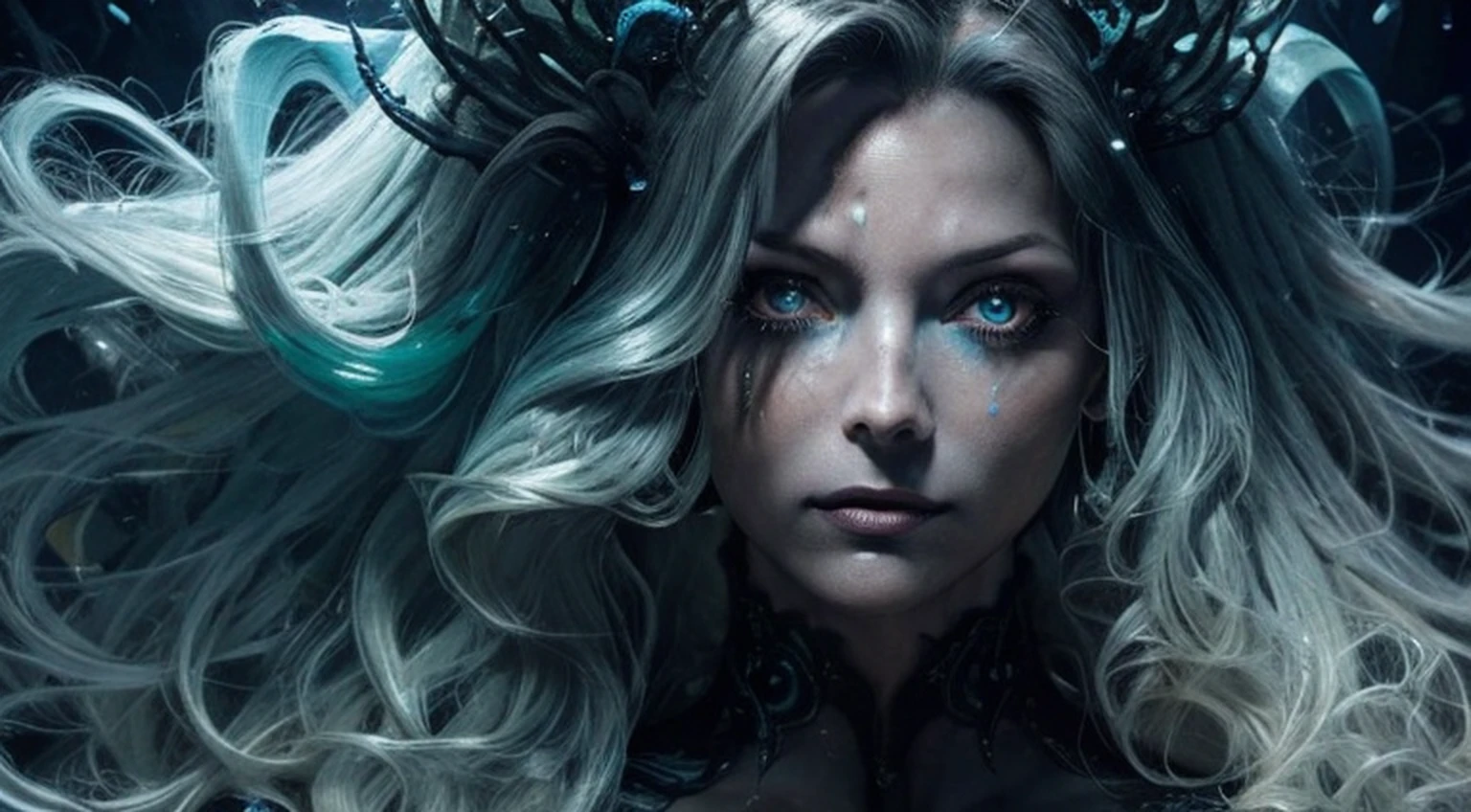 Nysara, the Aquatic Shadow, is depicted in her splashart amidst a mysterious and dark environment, representing her deep connection to the water of chaos. The scene unfolds in an ancient underwater temple, where eroded stone pillars and twisted algae intertwine around it. Nysara is an elegant and enigmatic figure, with long black hair flowing like water currents around her body. Her skin is pale, almost translucent, and has a subtle glow, reflecting the luminescence of the water of chaos. She is dressed in a flowing costume, composed of dark fabrics that resemble the waves of the sea and unfold into sinuous shapes. The water of chaos is the main manifestation of her power, and in splashart, she manipulates this mystical substance with grace and dexterity. Nysara is surrounded by black, churning waves that rise around it, looking almost alive. These waves have small glowing particles, denoting the chaotic and magical nature of their manipulation of water. His eyes are deep and mesmerizing, a dark blue hue that seems to absorb light. They glow with a sinister aura, conveying the dark and mysterious essence of Nysara. His expression is serene, but at the same time carries an air of defiance, revealing his ambiguous and controlling personality. In the background of the splashart, you can see ancient statues submerged, covered in moss and enigmatic aquatic symbols. Distorted and enigmatic sea creatures emerge from the depths, attracted by the power of the chaos water that Nysara manipulates. The color palette is dominated by deep shades of blue and black, with the water of chaos radiating a mysterious luminosity. Details in purple and dark green stand out in the algae and sea creatures, adding a dark and sinister atmosphere, splashart, body lines, vibrant colors, exquisite details, cinematic, artstation, detailed face, by rossdraws, by Kienan Lafferty