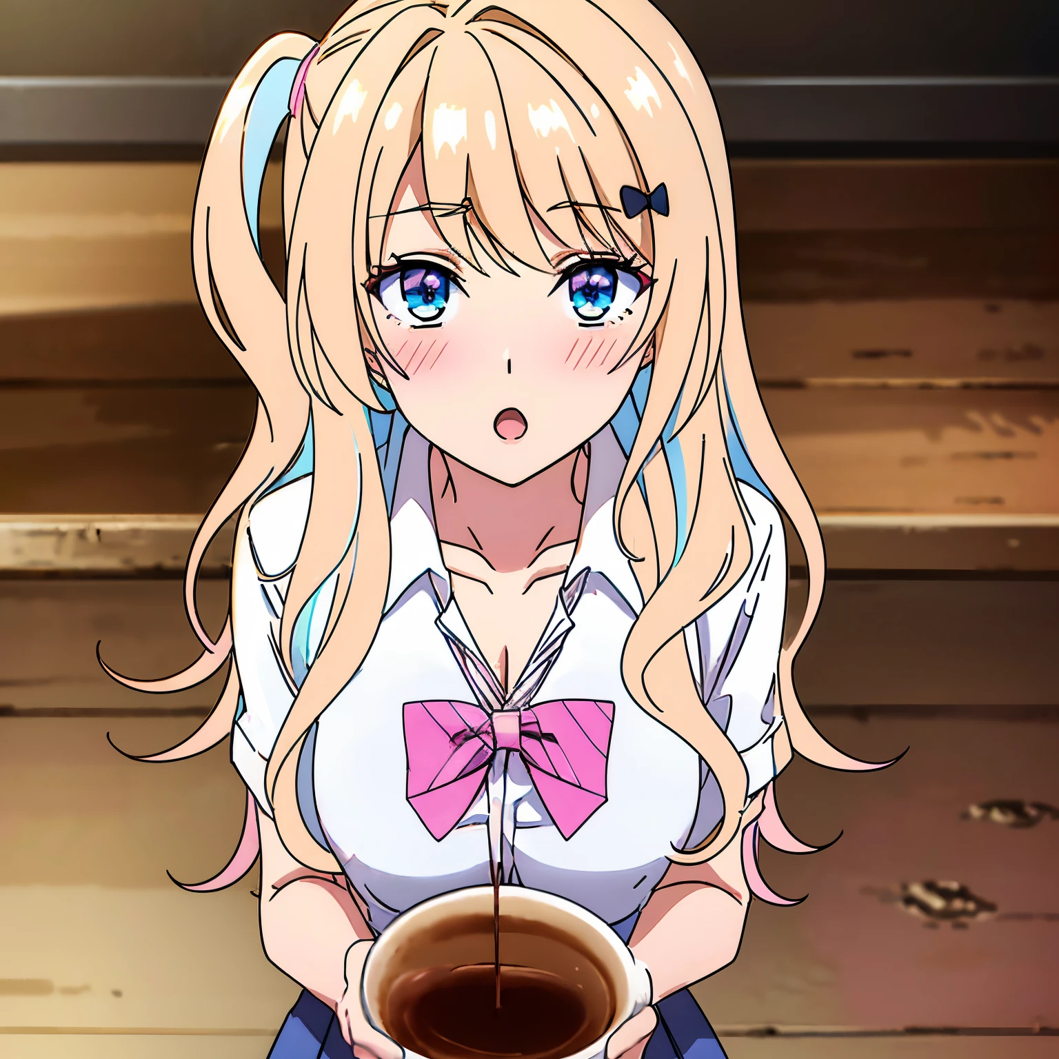 ((masterpiece)), large breasts, medium waist, wide hips, wide thighs, looking_at_viewer, shirakawa runa, 1 girl, alone, long_hair, blush, bangs, blue_eyes, blonde_hair, white_school_uniform, hair_topper, bow, cleavage, blue_hair , collarbone, (white_shirt: 1.5), hair bow, multicolored_hair, hairpin, collared_shirt, clothes_around_the_waist, skirt, (pink_bowtie: 1.5), stranded_hair, (one_side_up: 1.4), gyaru, kogal, ((head_tilted, confused, :o )), short sleeves, arms_on_the_table, (arms_crossed:1.3), masterpiece, best quality, high quality, absurd, shiny skin, colorful, dynamic pose, awesome art, best quality, hyper detailed, dynamic angle, beautiful detail, reflective hair, good lighting, ray tracing, depth of field, ultra detailed , illustration, amazing, fine details, extremely detailed, ((ultra-detailed)), (beautiful detailed girl), beautiful detailed shine, intricate details, high resolution, extremely delicate and beautiful, beautiful detailed eyes, realistic, hdr, rounded eyes , detailed facial features, (illustration), (beautiful detailed eyes), ((very detailed face)), depth_of_field, eyebrows_visible_through_hair, looking_into_viewfinder, light-reflecting clothing, (light diffraction on skin: 1.35), (shiny skin: 1.55), (iridescent effect: 1.55), (coffee:1.5), critical angle