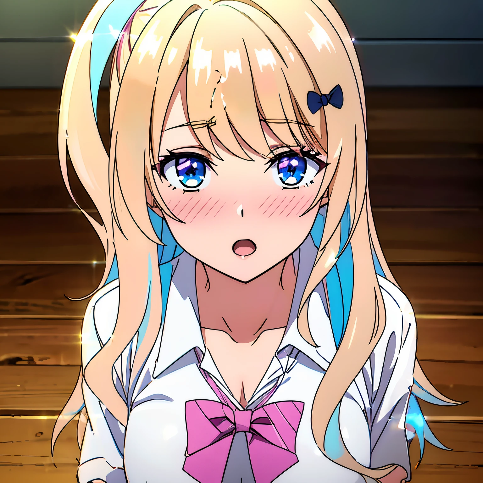 ((masterpiece)), large breasts, medium waist, wide hips, wide thighs, looking_at_viewer, shirakawa runa, 1 girl, alone, long_hair, blush, bangs, blue_eyes, blonde_hair, white_school_uniform, hair_topper, bow, cleavage, blue_hair , collarbone, (white_shirt: 1.5), hair bow, multicolored_hair, hairpin, collared_shirt, clothes_around_the_waist, skirt, (pink_bowtie: 1.5), stranded_hair, (one_side_up: 1.4), gyaru, kogal, ((head_tilted, confused, :o )), short sleeves, arms_on_the_table, (arms_crossed:1.3), masterpiece, best quality, high quality, absurd, shiny skin, colorful, dynamic pose, awesome art, best quality, hyper detailed, dynamic angle, beautiful detail, reflective hair, good lighting, ray tracing, depth of field, ultra detailed , illustration, amazing, fine details, extremely detailed, ((ultra-detailed)), (beautiful detailed girl), beautiful detailed shine, intricate details, high resolution, extremely delicate and beautiful, beautiful detailed eyes, realistic, hdr, rounded eyes , detailed facial features, (illustration), (beautiful detailed eyes), ((very detailed face)), depth_of_field, eyebrows_visible_through_hair, looking_into_viewfinder, light-reflecting clothing, (light diffraction on skin: 1.35), (shiny skin: 1.55), (iridescent effect: 1.55), (coffee:1.5), critical angle