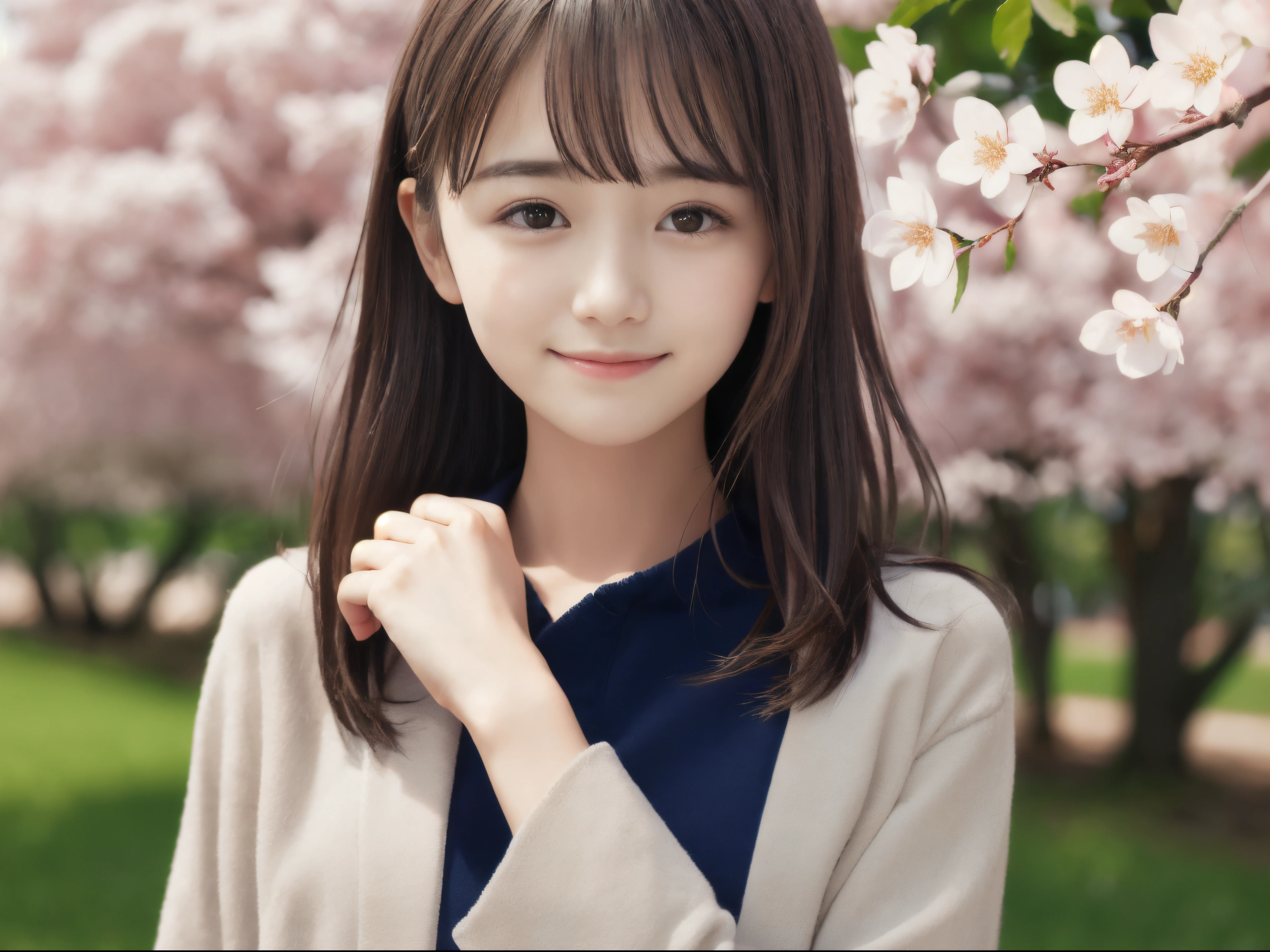 (Close up portrait of slender small breasts half up hair with dull bangs girl in pastel colored jacket and shirts:1.5)、(A girl open her arms wide with small smile and her hair fluttering :1.5)、(Rows of cherry blossom trees in full bloom and cherry blossom petals dancing in the wind:1.5)、(Perfect Anatomy:1.3)、(No mask:1.3)、(complete fingers:1.3)、Photorealistic、Photography、masutepiece、top-quality、High resolution, delicate and pretty、face perfect、Beautiful detailed eyes、Fair skin、Real Human Skin、pores、((thin legs))、(Dark hair)