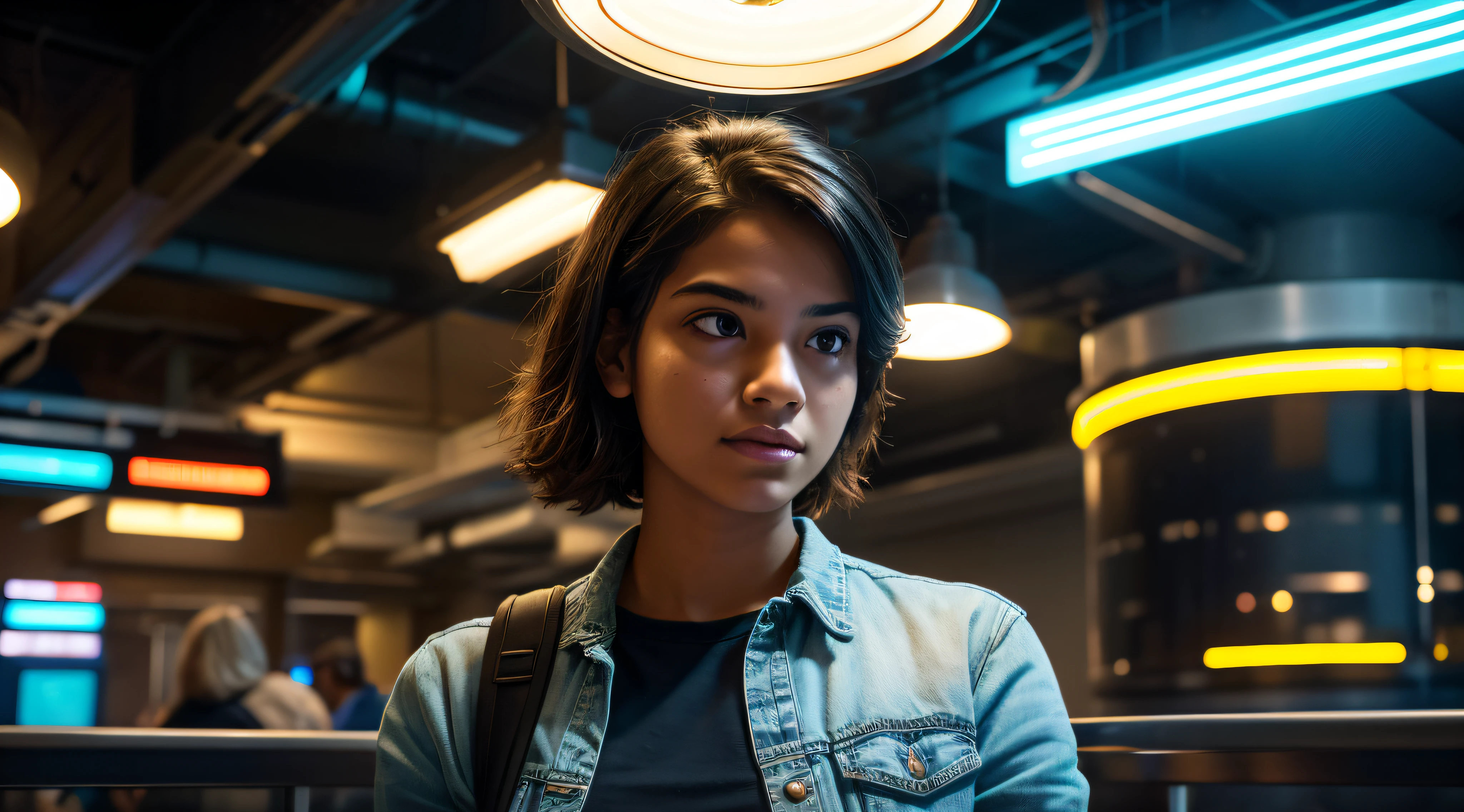 Craft a compelling description of a scene on the university campus featuring a Brazilian engineering student. Envision her wearing a helmet and a denim shirt, immersed in an environment filled with engineering equipment in the background. Highlight the lighting of the place, with sunlight or lamps creating plays of shadows and enhancing the texture of the surrounding objects.
Add facial expressions to the student, capturing a mix of concentration and enthusiasm on her face, reflecting the stimulating academic environment. Integrate colorful neon tones, perhaps emanating from laboratory signs or technological facilities, creating a vibrant and futuristic atmosphere. Describe the shadows that these elements cast, dancing in harmony with the campus details.
Emphasize the texture of the engineering equipment, providing a tactile sensation to the reader, and leverage color nuances to add depth to the scene. Explore the contrast between the brightness of colorful neon and the subtle shadows, creating a visually rich and immersive composition in the everyday life of this engineering university student."