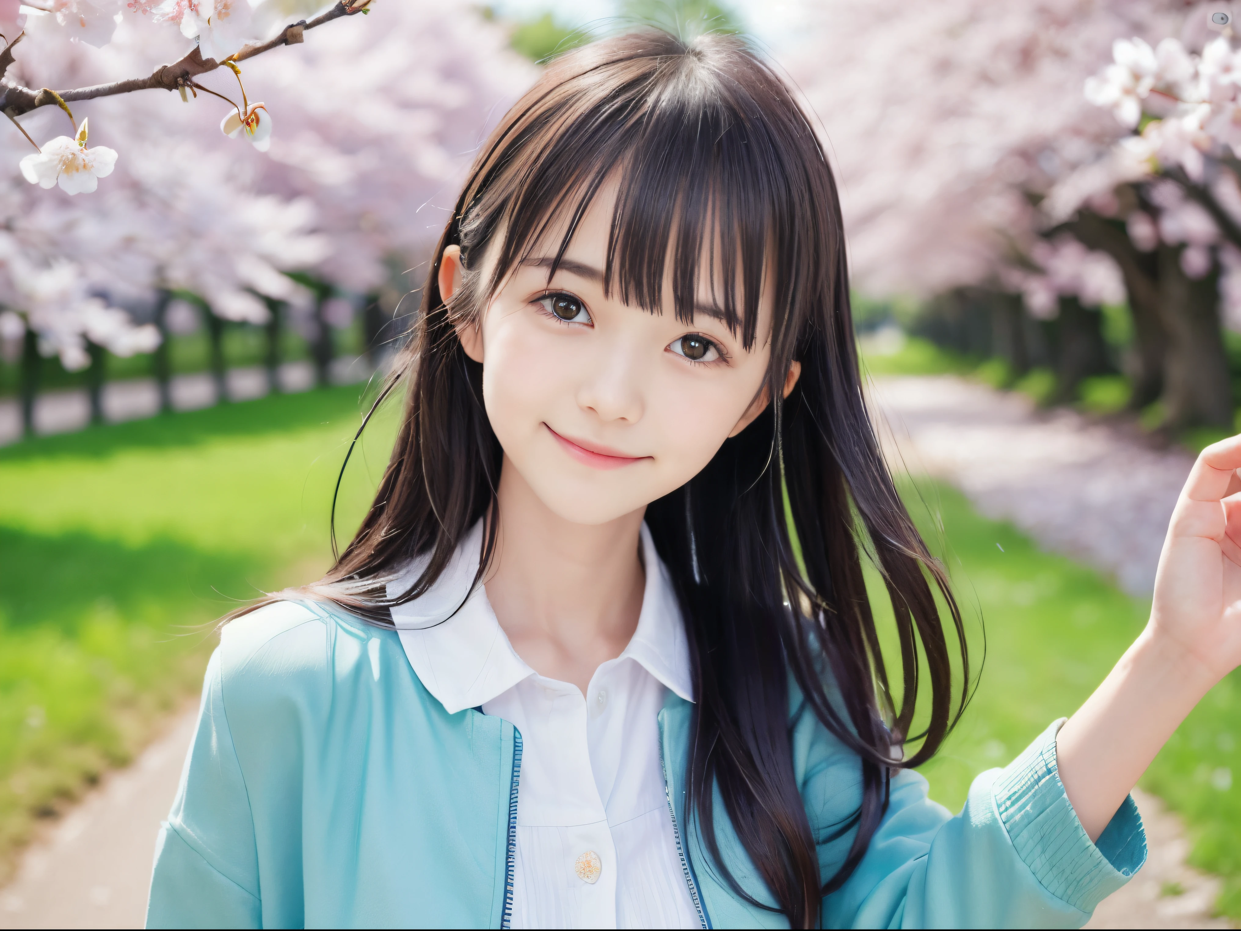 (Close up portrait of slender small breasts half up hair with dull bangs girl in pastel colored jacket and shirts:1.5)、(A girl open her arms wide with small smile and her hair fluttering :1.5)、(Rows of cherry blossom trees in full bloom and cherry blossom petals dancing in the wind:1.5)、(Perfect ???????:1.3)、(No mask:1.3)、(complete fingers:1.3)、Photorealistic、Photography、masutepiece、top-quality、High resolution, delicate and pretty、face perfect、Beautiful detailed eyes、Fair skin、Real Human Skin、pores、((thin legs))、(Dark hair)