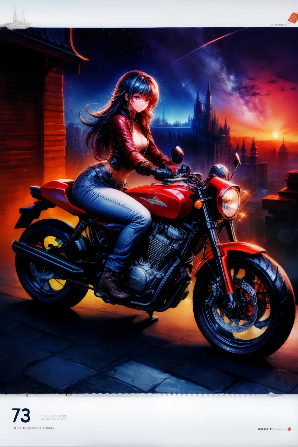 (tmasterpiece), (Best quality), (The finest details), (Distant panorama), (Postage stamps),(Illustration main color: bright saturated red), (Secondary color: lapis lazuli), A red cafe racer motorcycle,Powered by a woman with a defiant attitude, Very detailed chassis, Futuristic western scenery, natta (lot of stars, themoon), cel shadow (Detailed pubic hair, strong contrasts), The flesh color is very saturated