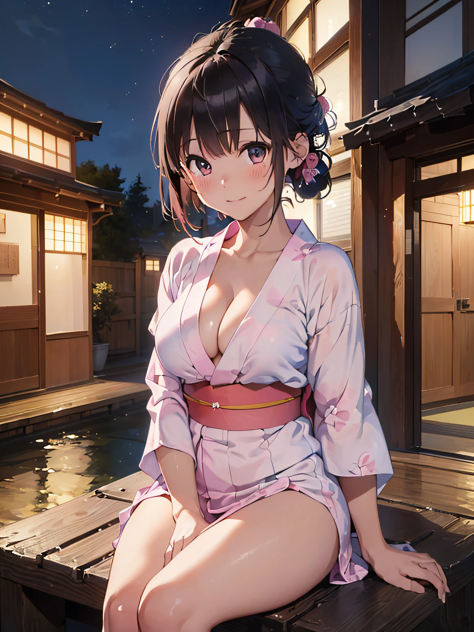 (masterpiece:2.0), (top-quality:2.0), (sitting naked:1.5), (extremely mini skirt extremely small pink yukata:1.5), (super thin fabric:1.5), (sexypose:1.5), (blushed face:1.3), (barechested:1.3), (realistic:1.5), 1 , precise hands, Embarrassed look, light smile, Look at me and smile, extremely cute girl, innocent face, young face, Clear eyes, Shining eyes, small breast, (cleavage of the breast is visible:1.5), (the thighs is visible:1.5), The crotch is visible, No pubic hair, full body, The beautiful skin, ultra-definition, Top resolution, japan high school student, brown hair, at the night festival