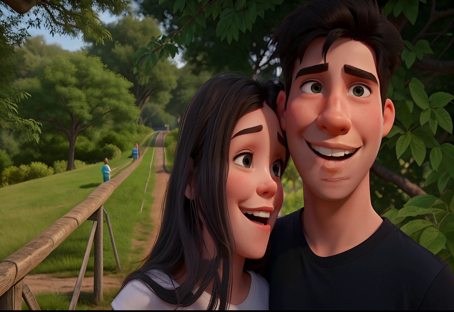 The girl is on the left and the boy is on the right. The girl is wearing a white t-shirt, the boy is wearing a black t-shirt, both of them are smiling, and the girl has a bridge on her left hand. A big tree will be seen behind the right side of the boy.