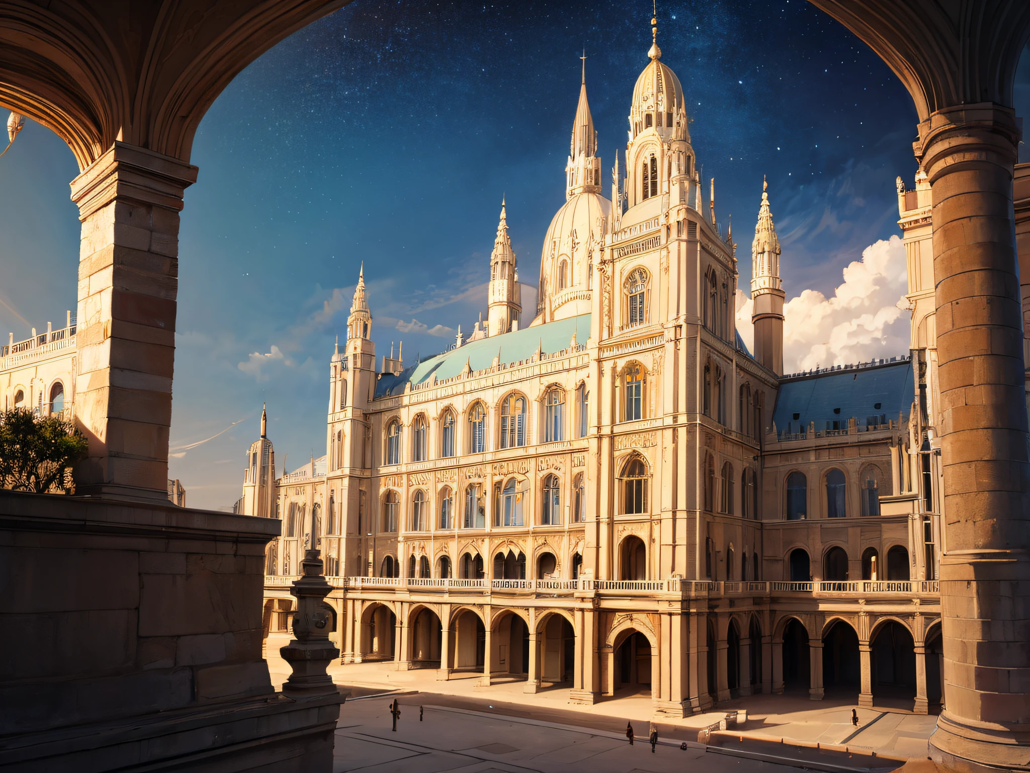 Pure nature in night with stars in the sky, Palace view isolted in lands