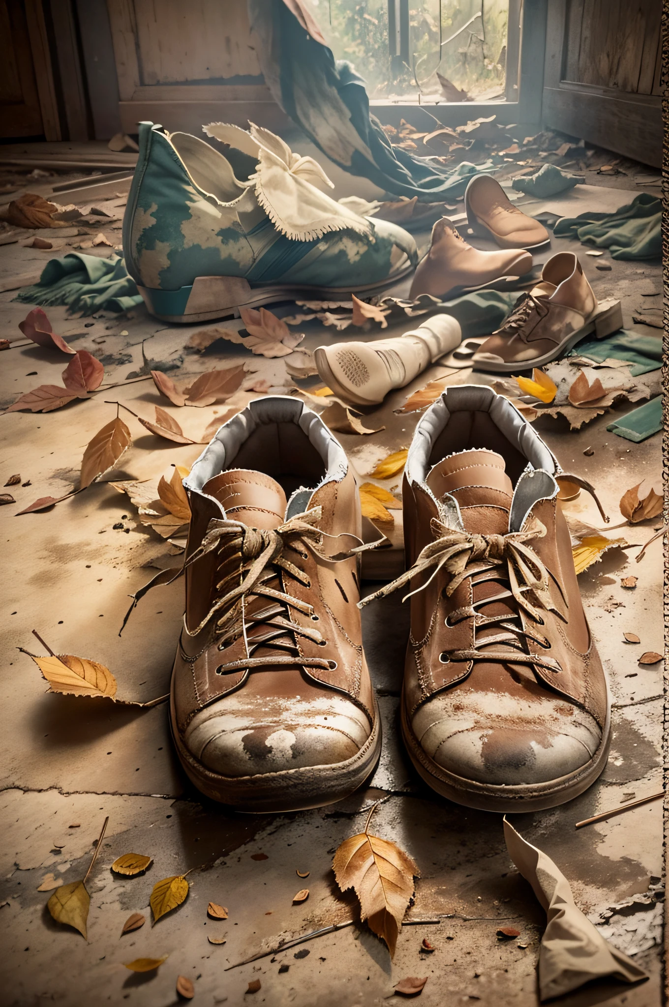 abandoned, Old shoes, dusty, warped by time, torn sole, overdetalization, on the old floor, dust, dry leaves, web, Masterpiece, Doubleexposure, retro style