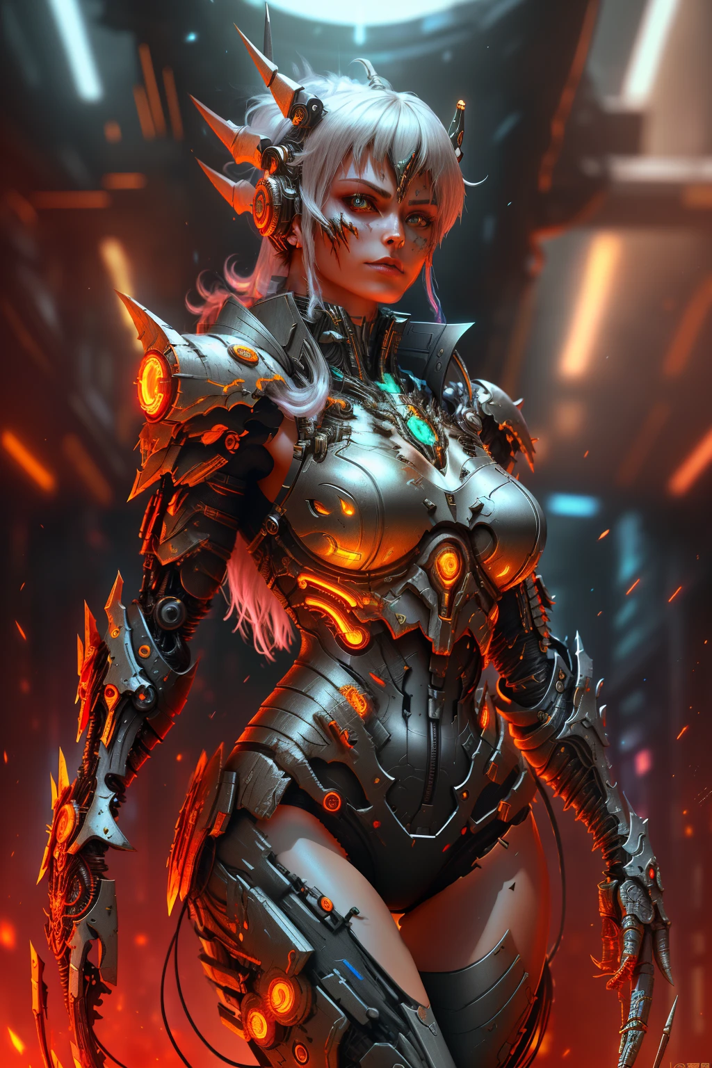 [SH4G0D:1], a beautiful cyborg warrior girl cyberpunk sensual vampiric beautiful body beautiful face in big breasts bionic legs bionic arms armor in an intricate futuristic cyberpunk city ultra detailed 8k extremely realistic[cabelo fluorescente:1]