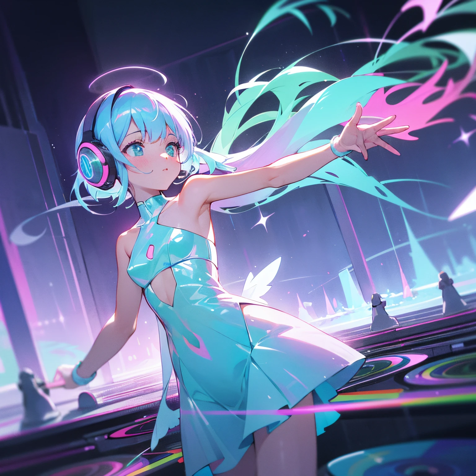 Estilo anime, 3 discos de neon flutuantes em ambiente branco iluminado, em cima dos discos flutuantes in sky , young girls dance on the records, they wear transparent holographic mini dresses, Shoulders on Display, holographic futuristic headphones, Random ethnicity, elas tem asas de borboletas