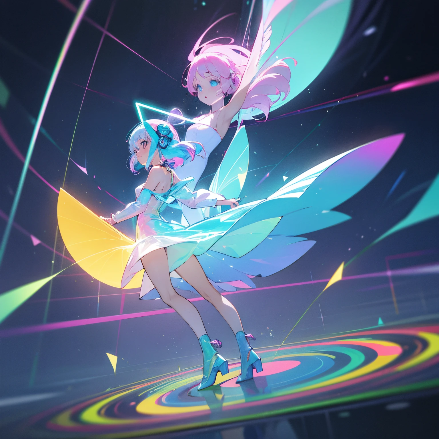Estilo anime, 3 discos de neon flutuantes em ambiente branco iluminado, em cima dos discos flutuantes in sky , young girls dance on the records, they wear transparent holographic mini dresses, Shoulders on Display, holographic futuristic headphones, Random ethnicity, elas tem asas de borboletas