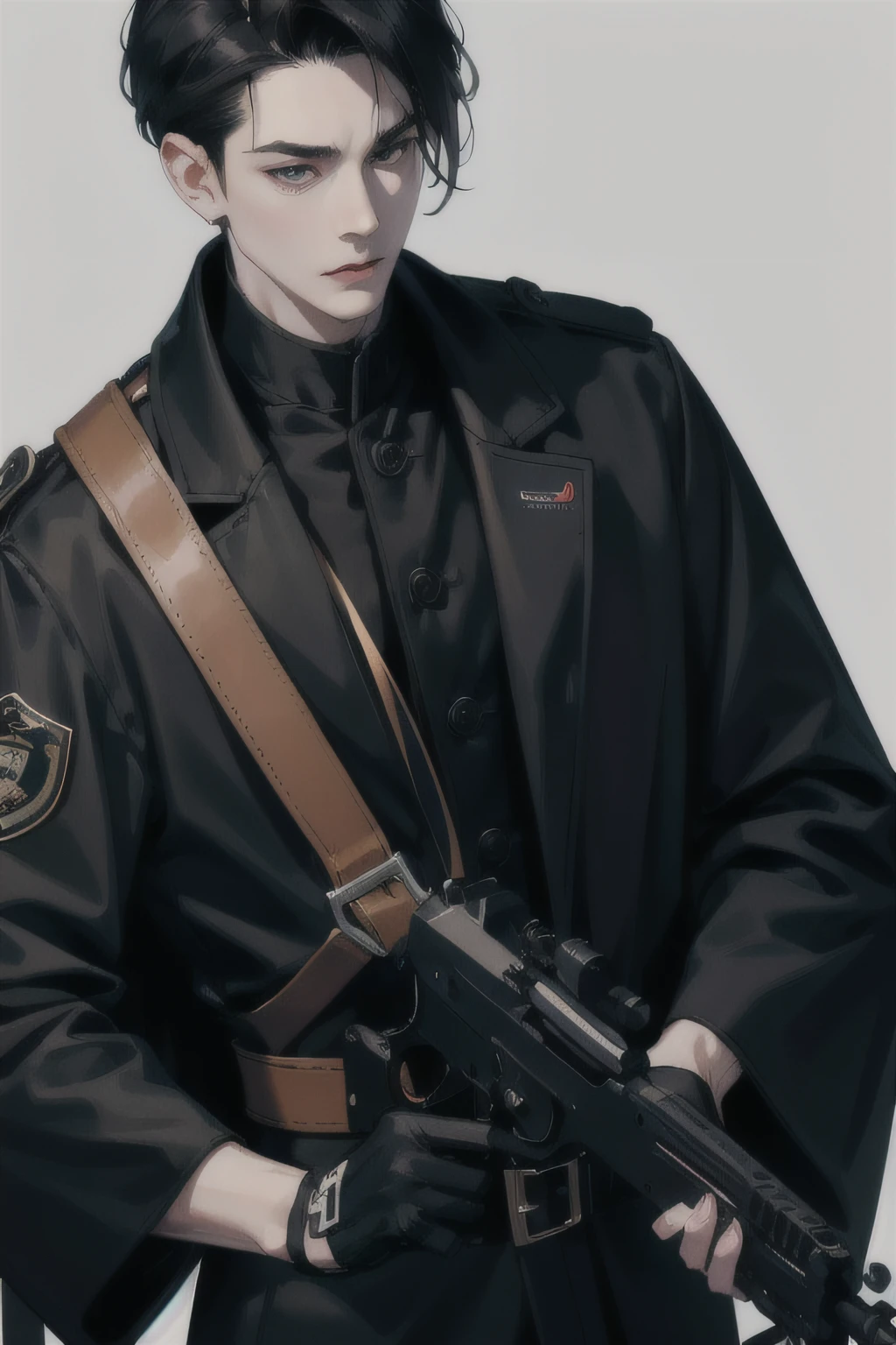 ember, 48 years old, with short tousled black hair, Tall stature, Adult face, looks like Yoo Junhyuk from "Omniscient Readers", pale skin, kblack eyes, black camouflage, black jacket, берцы, Rifle in hand, black gloves, Pokerface, Plain background