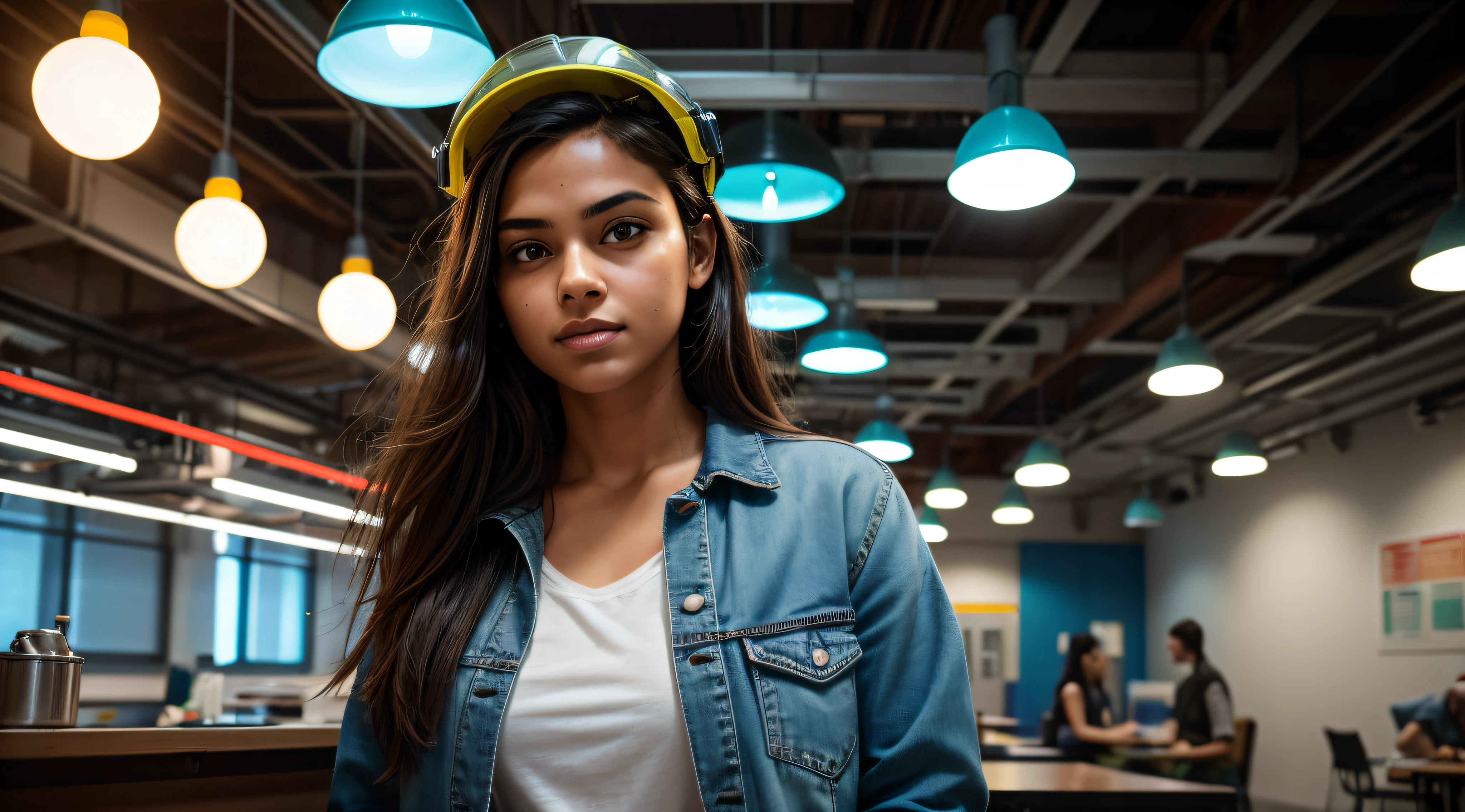 Craft a compelling description of a scene on the university campus featuring a Brazilian engineering student. Envision her wearing a helmet and a denim shirt, immersed in an environment filled with engineering equipment in the background. Highlight the lighting of the place, with sunlight or lamps creating plays of shadows and enhancing the texture of the surrounding objects.
Add facial expressions to the student, capturing a mix of concentration and enthusiasm on her face, reflecting the stimulating academic environment. Integrate colorful neon tones, perhaps emanating from laboratory signs or technological facilities, creating a vibrant and futuristic atmosphere. Describe the shadows that these elements cast, dancing in harmony with the campus details.
Emphasize the texture of the engineering equipment, providing a tactile sensation to the reader, and leverage color nuances to add depth to the scene. Explore the contrast between the brightness of colorful neon and the subtle shadows, creating a visually rich and immersive composition in the everyday life of this engineering university student."
