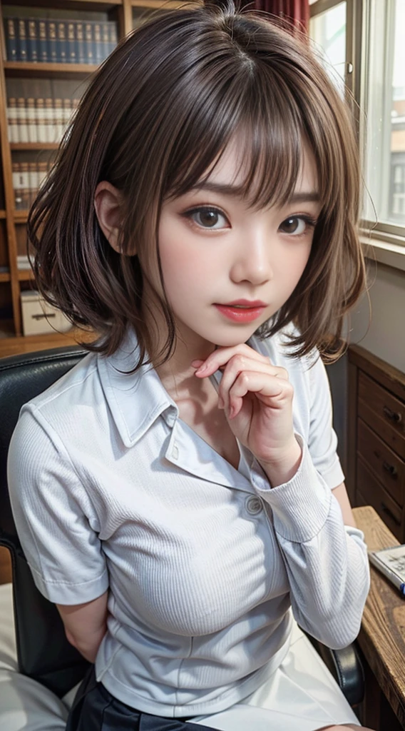 Beautiful lawyer、(Solo, 28 instars、Symmetrical beautiful face、Beautiful teeth、Intense highlighting of the eyes、lipgloss、masutepiece、top-quality、Top image quality、hyperdetailed face、Detailed lips、A detailed eye、二重まぶた、Detailed shiny hair brunette short bob hair、School Uniforms、Tight micro mini skirt)、Read at her desk、In An empty library、(Glamorous body)、(perfect hand, Perfect fingers, perfect chest, Perfect fit, perfect bodies, face perfect, Perfect image realism, 细致背景, detailed costume、Lewd librarian、Hyper-Realism、Photorealsitic、unrealengine、8K maximum resolution, (masterpiece), ighly detailed, Professional、(Perfect Anatomy、White attire)、