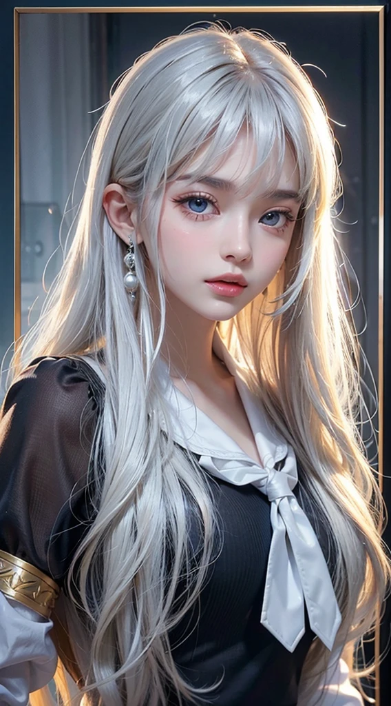 8K maximum resolution, (masterpiece), ighly detailed, Professional、de pele branca、Gloss Face、Teak Gloss、eye liner、Small face beauty、Looking at the camera、Perfect beauty、beautiful girl of 20 years old、Sexy little beautiful face、Pretty Face、Her long, Her tousled hair dances in front of her beautiful face..、long silky bangs covering the eyes、Proud super long silky pearl blonde straight hair、Sexy cute young woman、Super Long Silver Hair))、 large pale white marine blue eyes、School Uniforms