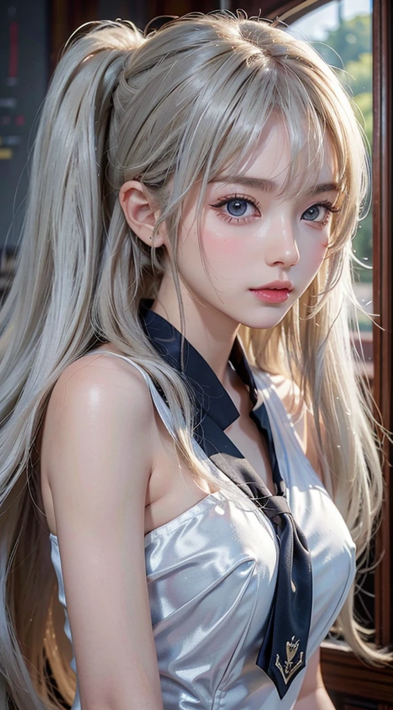 8K maximum resolution, (masterpiece), ighly detailed, Professional、de pele branca、Gloss Face、Teak Gloss、eye liner、Small face beauty、Looking at the camera、Perfect beauty、beautiful girl of 20 years old、Sexy little beautiful face、Pretty Face、Her long, Her tousled hair dances in front of her beautiful face..、long silky bangs covering the eyes、Proud super long silky pearl blonde straight hair、Sexy cute young woman、Super Long Silver Hair))、 large pale white marine blue eyes、School Uniforms