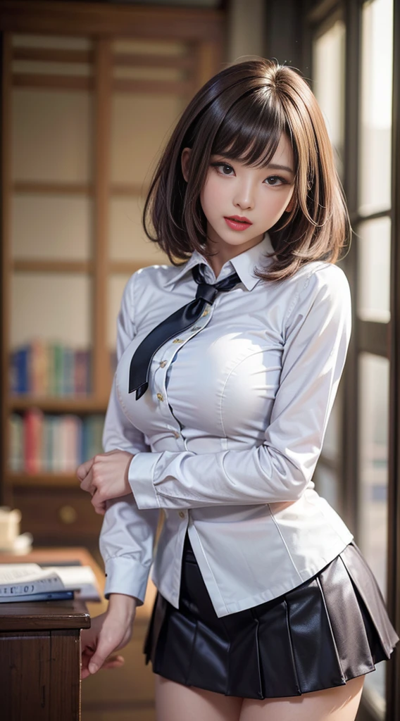 Beautiful lawyer、(Solo, 28 instars、Symmetrical beautiful face、Beautiful teeth、Intense highlighting of the eyes、lipgloss、masutepiece、top-quality、Top image quality、hyperdetailed face、Detailed lips、A detailed eye、二重まぶた、Detailed shiny hair brunette short bob hair、School Uniforms、Tight micro mini skirt)、Read at her desk、In An empty library、(Glamorous body)、(perfect hand, Perfect fingers, perfect chest, Perfect fit, perfect bodies, face perfect, Perfect image realism, 细致背景, detailed costume、Lewd librarian、Hyper-Realism、Photorealsitic、unrealengine、8K maximum resolution, (masterpiece), ighly detailed, Professional、(Perfect Anatomy、White attire)、