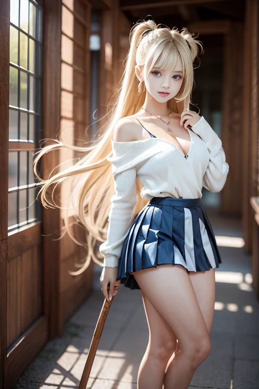 bright expression、poneyTail、Young shiny shiny white shiny skin、Best Looks、Blonde reflected light、Platinum blonde hair with dazzling highlights、shiny light hair,、Super long silky straight hair、Beautiful bangs that shine、Glowing crystal clear attractive big blue eyes、Very beautiful nice cute 18 year old girl、Lush bust,Beautiful detailed eyes, beautiful detailed nose,(( Full body:1.25)),Makeup that the eyes emphasize、((Mini pleated skirt with many folds)),(Women like Joan of Arc)、(((Big wooden cane))),Royal style,Comic style, , Sub-surface scattering, ornate detail, nature backdrop, Hyper-realistic, Cinematic, Dramatic Lighting, masutepiece、fluffy hair、Shoulder knit sweater、Ultra-exposed cleavage、((uses magic:1.3))