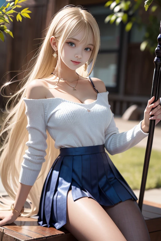 bright expression、poneyTail、Young shiny shiny white shiny skin、Best Looks、Blonde reflected light、Platinum blonde hair with dazzling highlights、shiny light hair,、Super long silky straight hair、Beautiful bangs that shine、Glowing crystal clear attractive big blue eyes、Very beautiful nice cute 18 year old girl、Lush bust,Beautiful detailed eyes, beautiful detailed nose,(( Full body:1.25)),Makeup that the eyes emphasize、((Mini pleated skirt with many folds)),(Women like Joan of Arc)、(((Big wooden cane))),Royal style,Comic style, , Sub-surface scattering, ornate detail, nature backdrop, Hyper-realistic, Cinematic, Dramatic Lighting, masutepiece、fluffy hair、Shoulder knit sweater、Ultra-exposed cleavage、((uses magic:1.3))