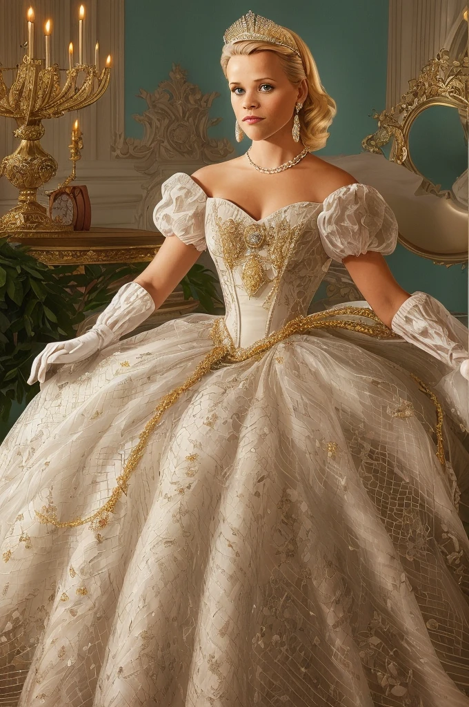 1950s royal style, Formal and Official Coronation Portrait, Portrait of a stunningly beautiful young blonde Reese Witherspoon as a Queen wearing A Stately and Elaborate Royal Cinderella Court Gown with (((enormous puffed sleeves))), an hourglass waist, and a (((huge crinoline hoopskirt))) adorned with bows, embroidery, and jewels, long white gloves, pearl necklace and earrings