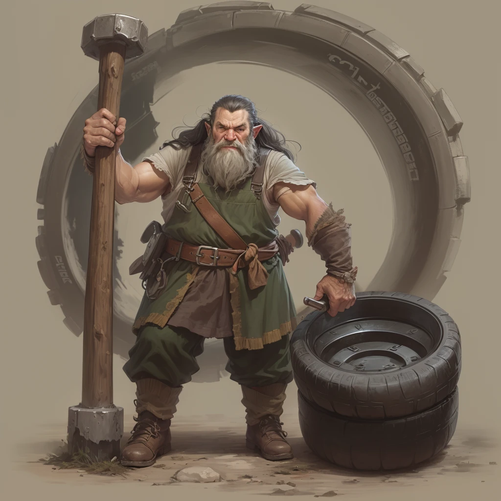 middle earth,mito,Female dwarf tire repairman，Long double ponytail hairstyle，In his left hand he holds a huge hammer，Holding tire in right hand