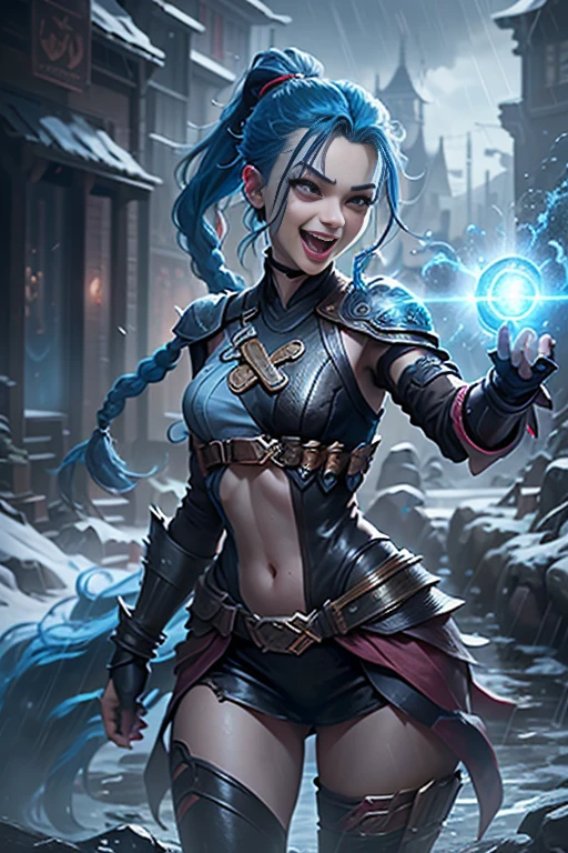 (Long-range shooting: 1.5), jinx \(league of legends\), (1girl,League of Legends Jinx),(red color eyes: 1.2, crazy laughter, Blue double ponytail hair: 1.5),Kungfu,Wearing Doctor Strange costume,(Holding a particle laser cannon in hand,a revolver),Aoshu crystal, Attack status,(Snowy mountain woods,surrounded by rain,League of Legends Game World),Illustration style,The whole body is exposed to the rain for a long time,(exquisite facial features,Perfect hand features),martial arts style,(Selective focusing,full body shot of,tmasterpiece,ultra - detailed,Epic work,highest quality,8k,panorama, first-person view, atmospheric perspective, UHD, masterpiece, ccurate, anatomically correct, textured skin, high details, award winning, best quality)