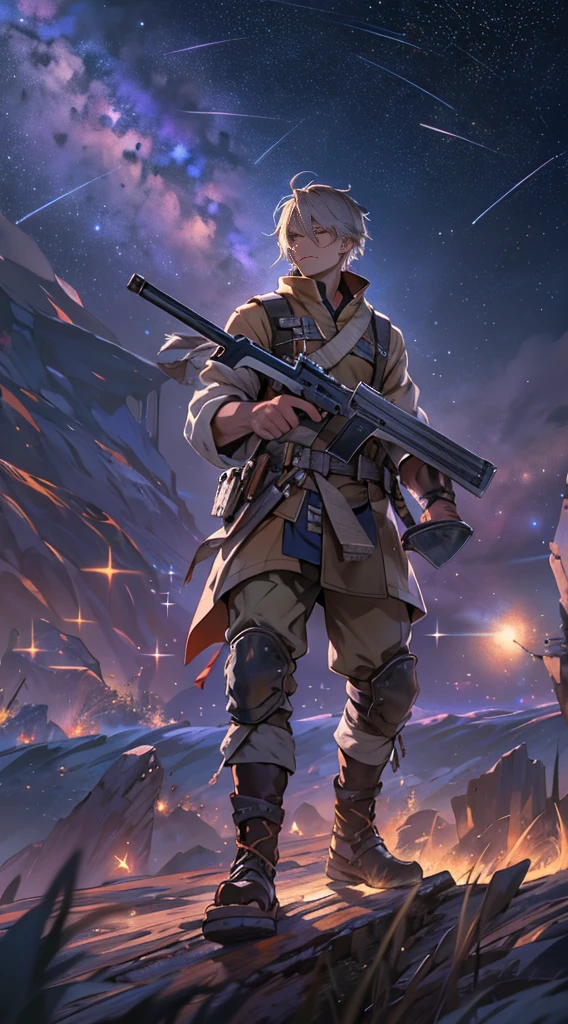 a determined man, Lee Valley, Quickly retreat to location 50,000 meters from Jusha., Hold his weapon tightly, Determined gaze, Surrounded by a vast space backdrop and twinkling stars, , 32K, Best quality, tmasterpiece, super detailing, high detal,