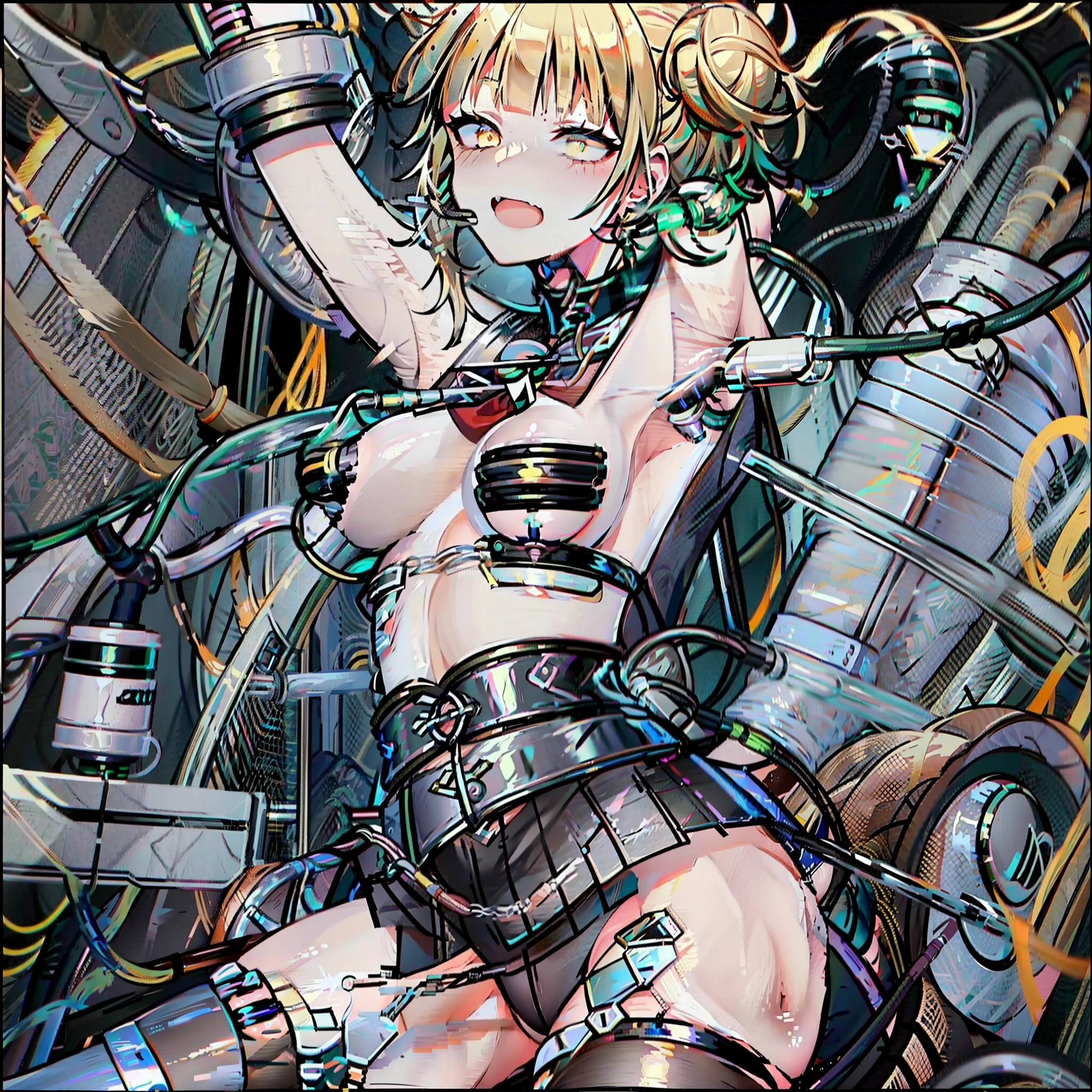 toga tied to a chair in a basement, blonde hair, restraint, bdsm, restrained legs, restrained arms, bound, bound to chair, rope, tied with ropes, sailor clothes, black skirt, medium breasts, Himiko Toga, smile, beautiful body, beautiful face, ultra detailed, highest quality, loose clothes, tied to chair with ropes, restrained body, unable to move, bondage ropes, white shirt, sailor clothes, pervert, white panties, tied up, machine bondage, fully restrained body, ropes everywhere, strictly tied, hardcore bondage ropes, machine bondage, milking breasts, milk dripping everywhere, milking machine